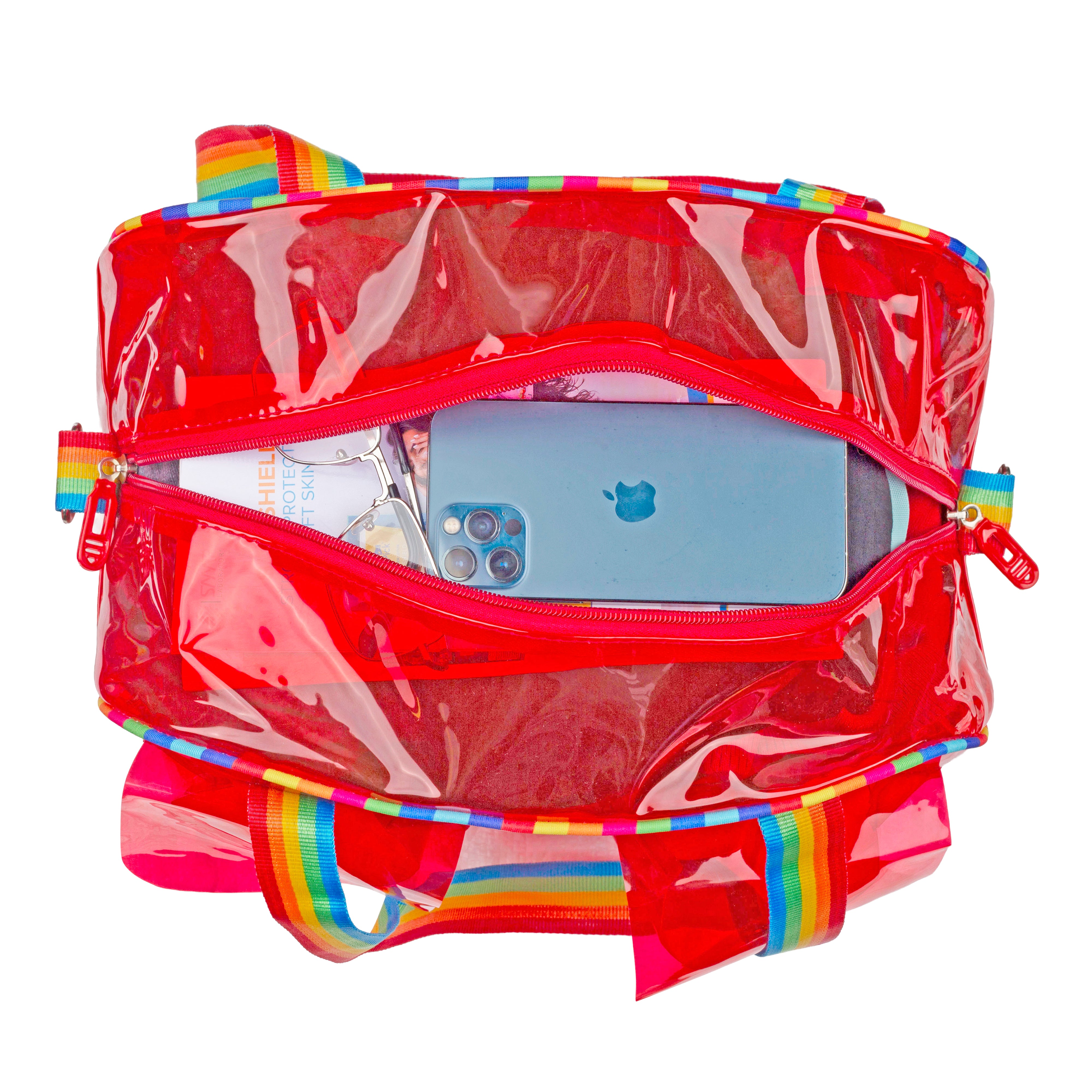 Echo Boomers Unisex Transparent Jelly Duffle Bag – Trendy  Travel Tote with Rainbow Straps & Dual Front Pockets – Fashion Gym, College & Weekend Bag
