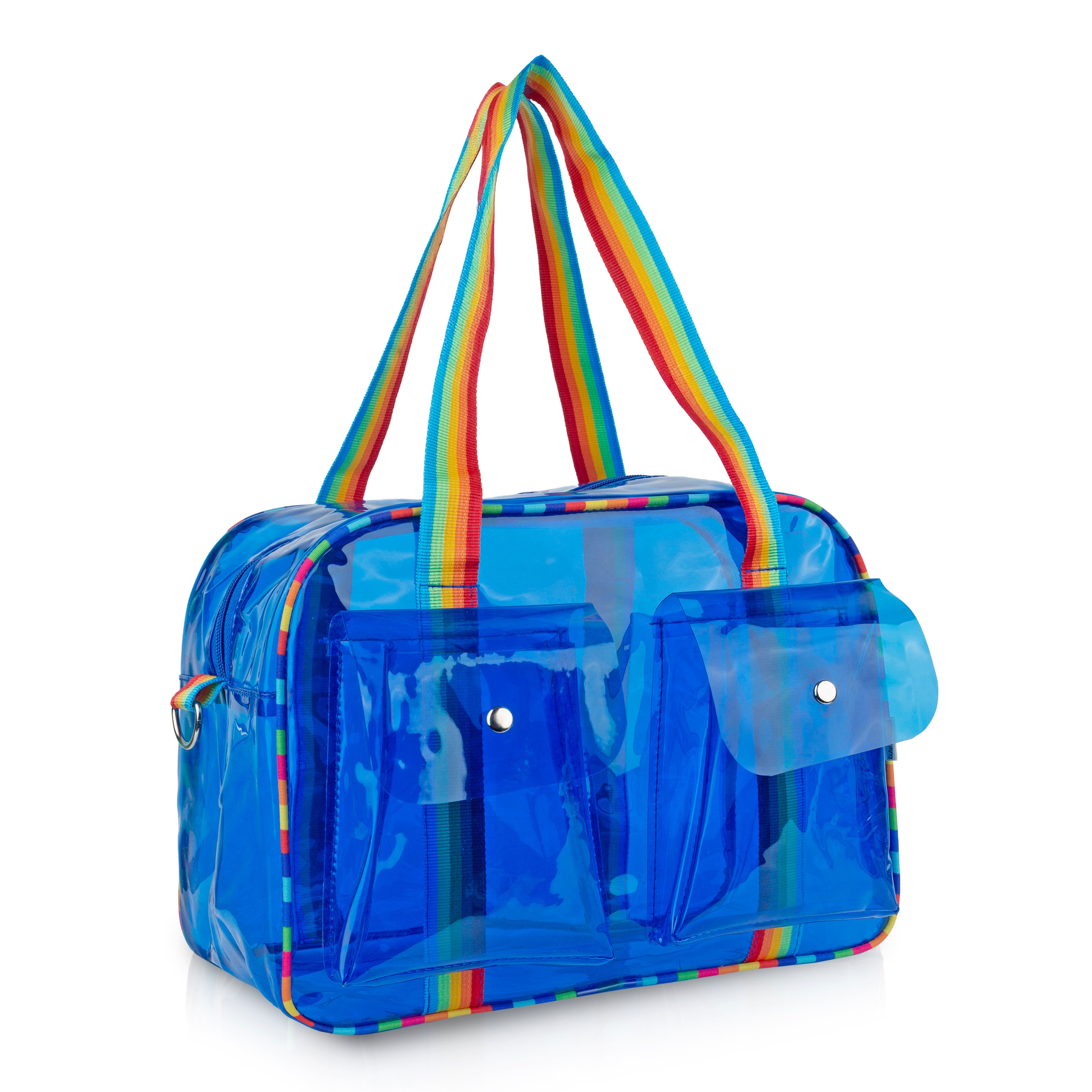 Echo Boomers Unisex Transparent Jelly Duffle Bag – Trendy  Travel Tote with Rainbow Straps & Dual Front Pockets – Fashion Gym, College & Weekend Bag