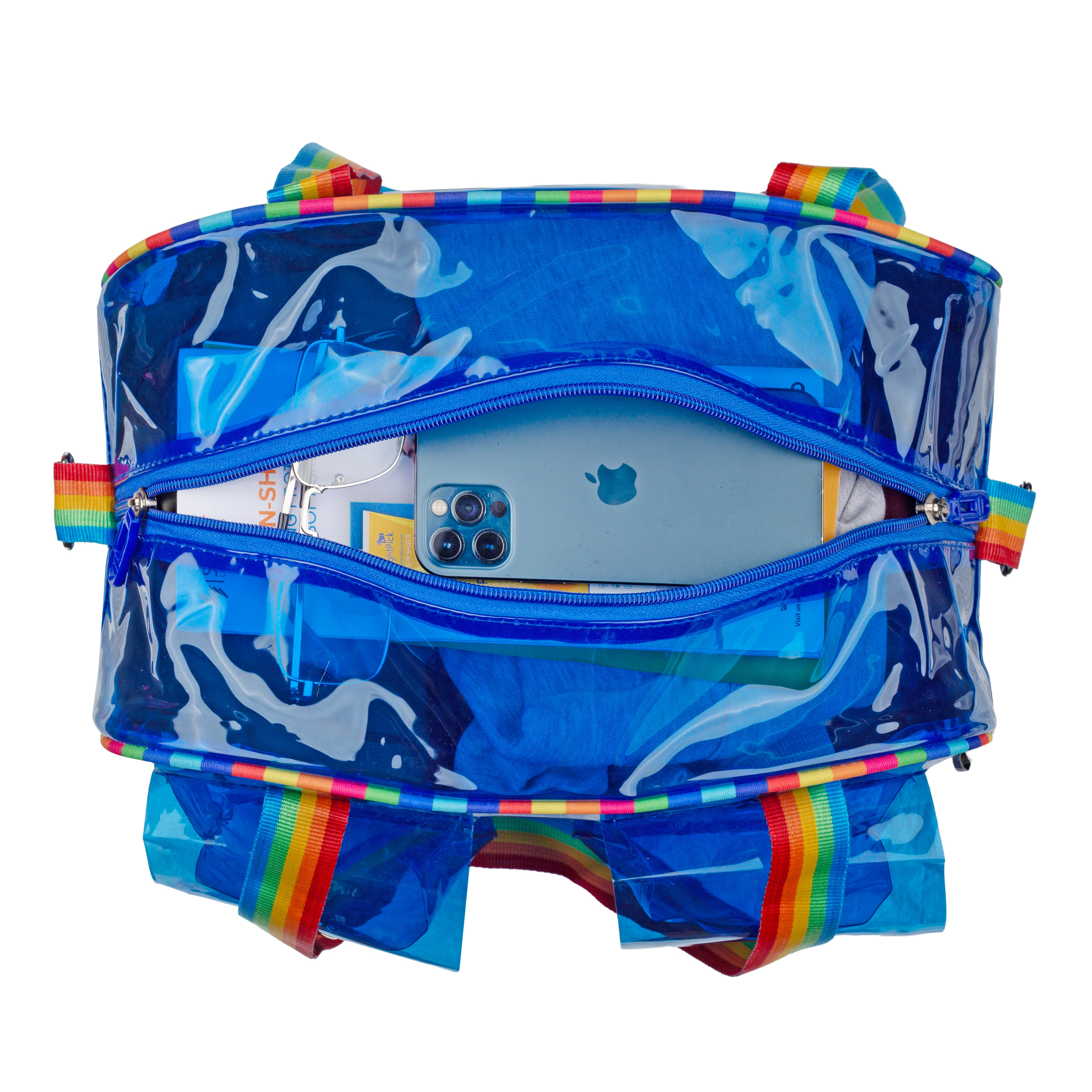 Echo Boomers Unisex Transparent Jelly Duffle Bag – Trendy  Travel Tote with Rainbow Straps & Dual Front Pockets – Fashion Gym, College & Weekend Bag