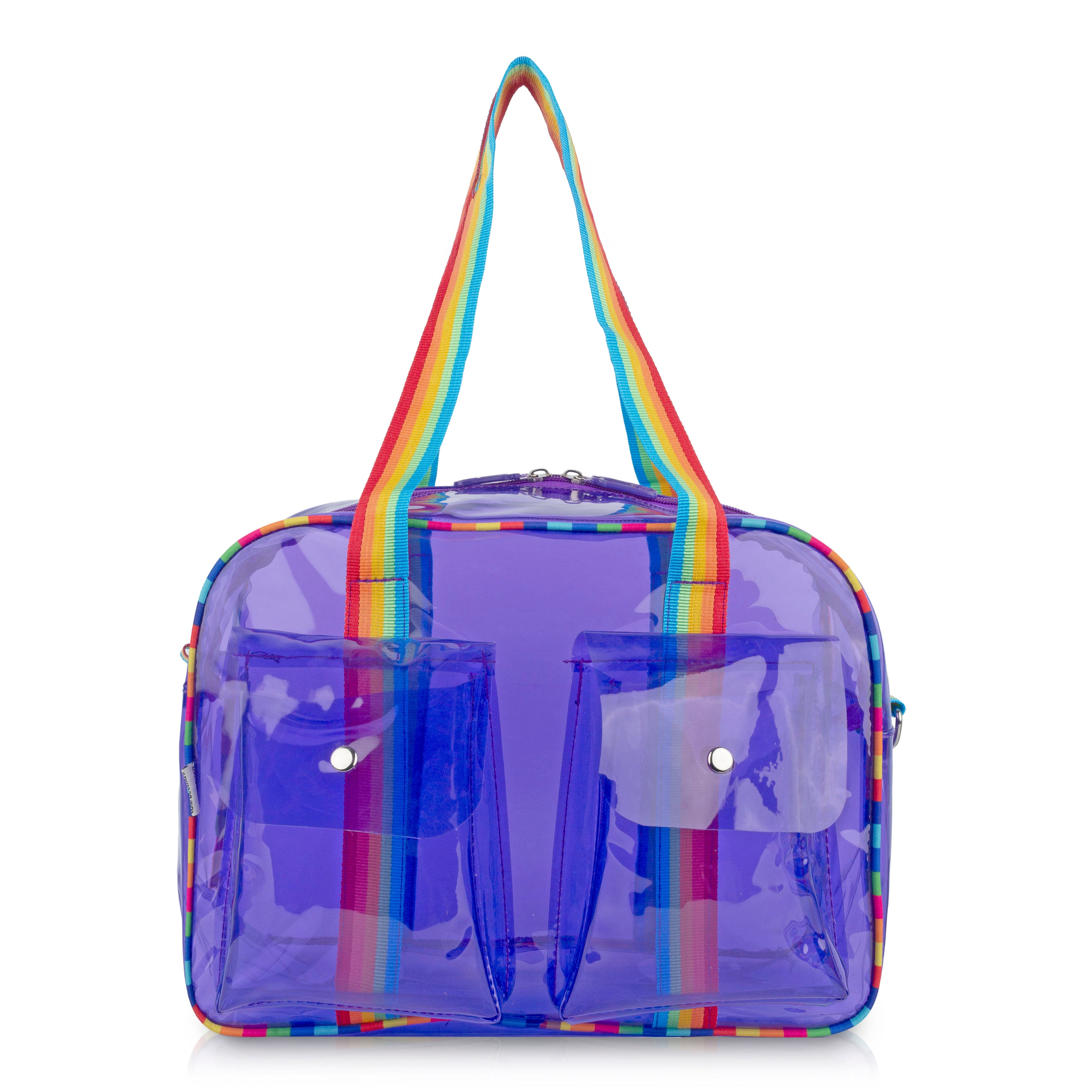 Echo Boomers Unisex Transparent Jelly Duffle Bag – Trendy  Travel Tote with Rainbow Straps & Dual Front Pockets – Fashion Gym, College & Weekend Bag