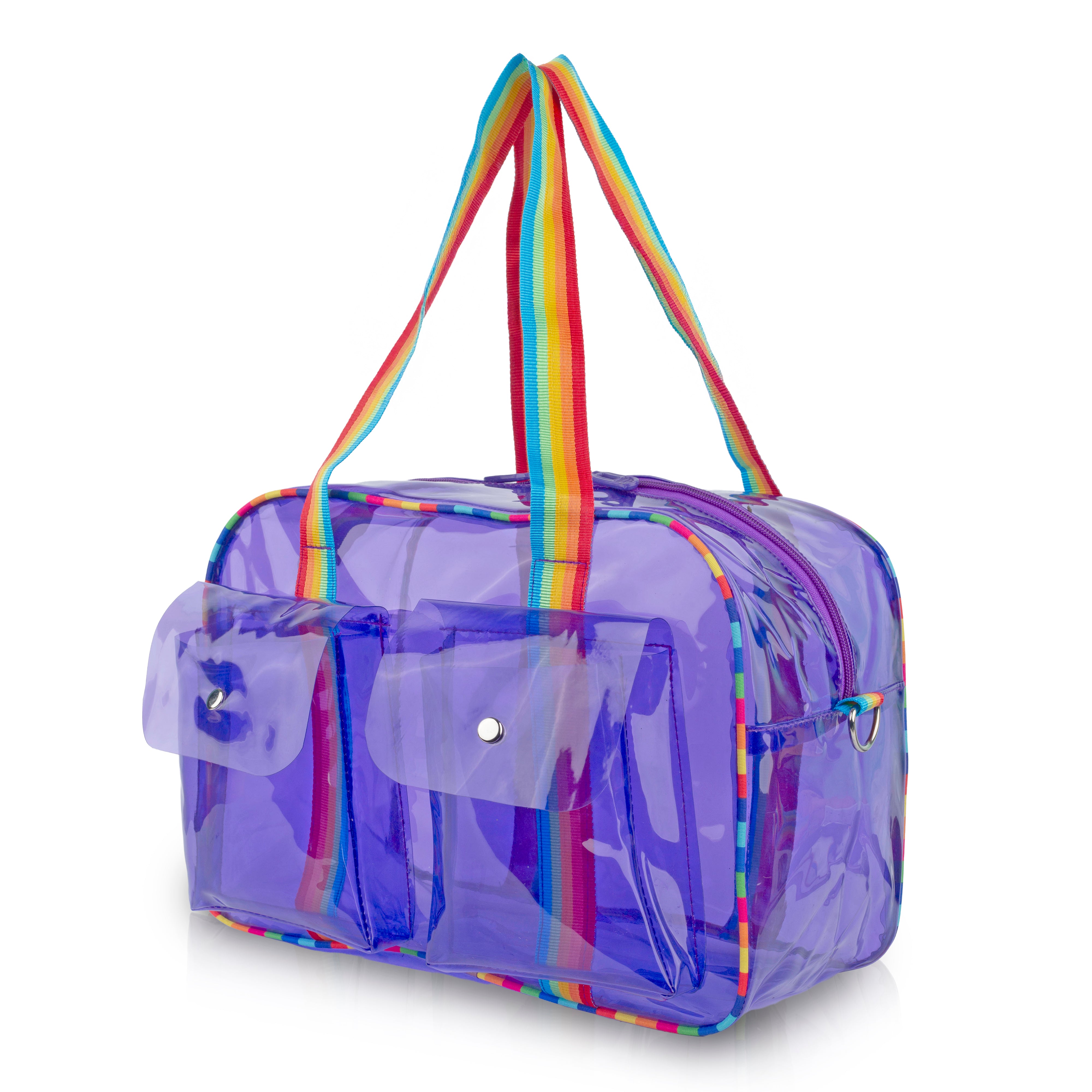 Echo Boomers Unisex Transparent Jelly Duffle Bag – Trendy  Travel Tote with Rainbow Straps & Dual Front Pockets – Fashion Gym, College & Weekend Bag