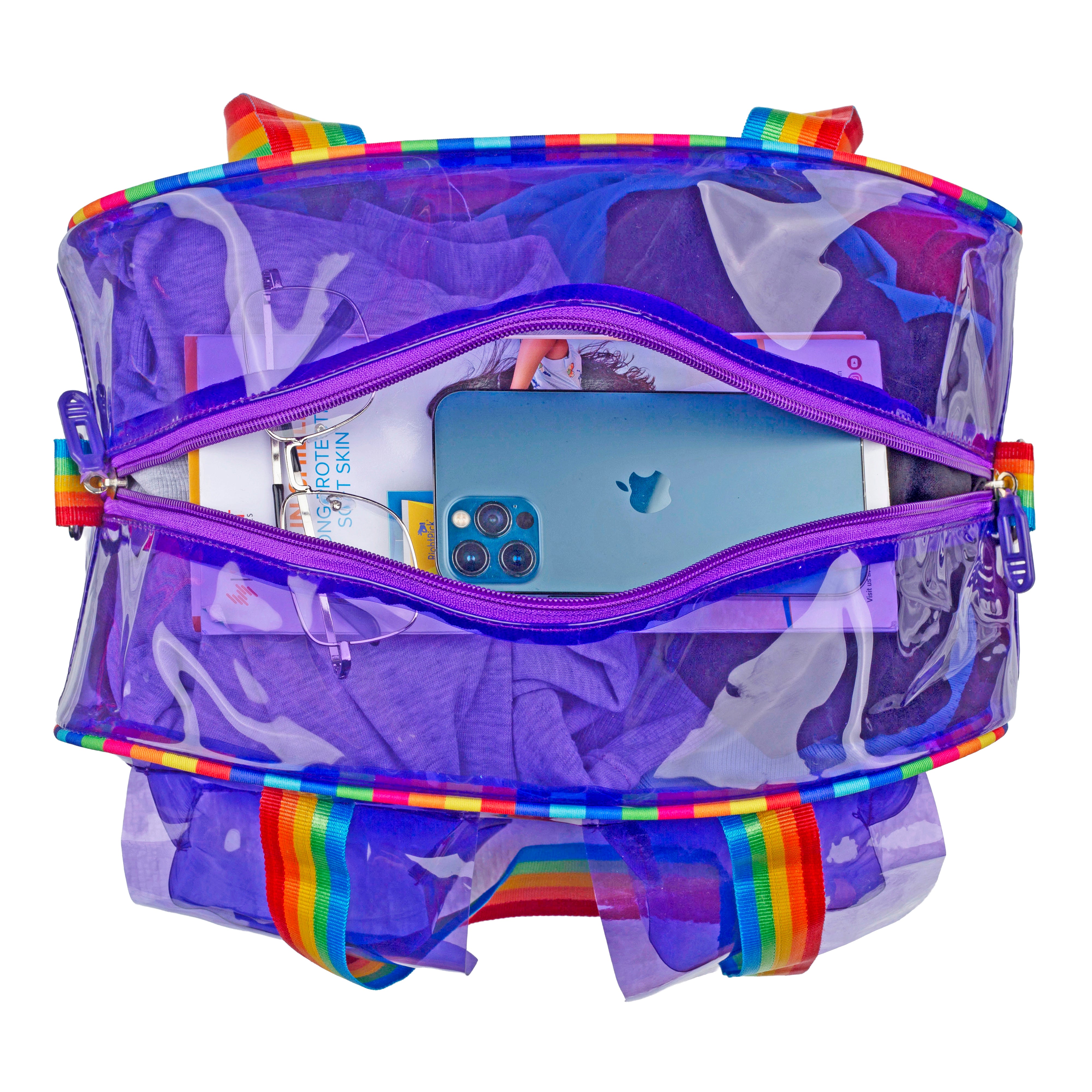 Echo Boomers Unisex Transparent Jelly Duffle Bag – Trendy  Travel Tote with Rainbow Straps & Dual Front Pockets – Fashion Gym, College & Weekend Bag
