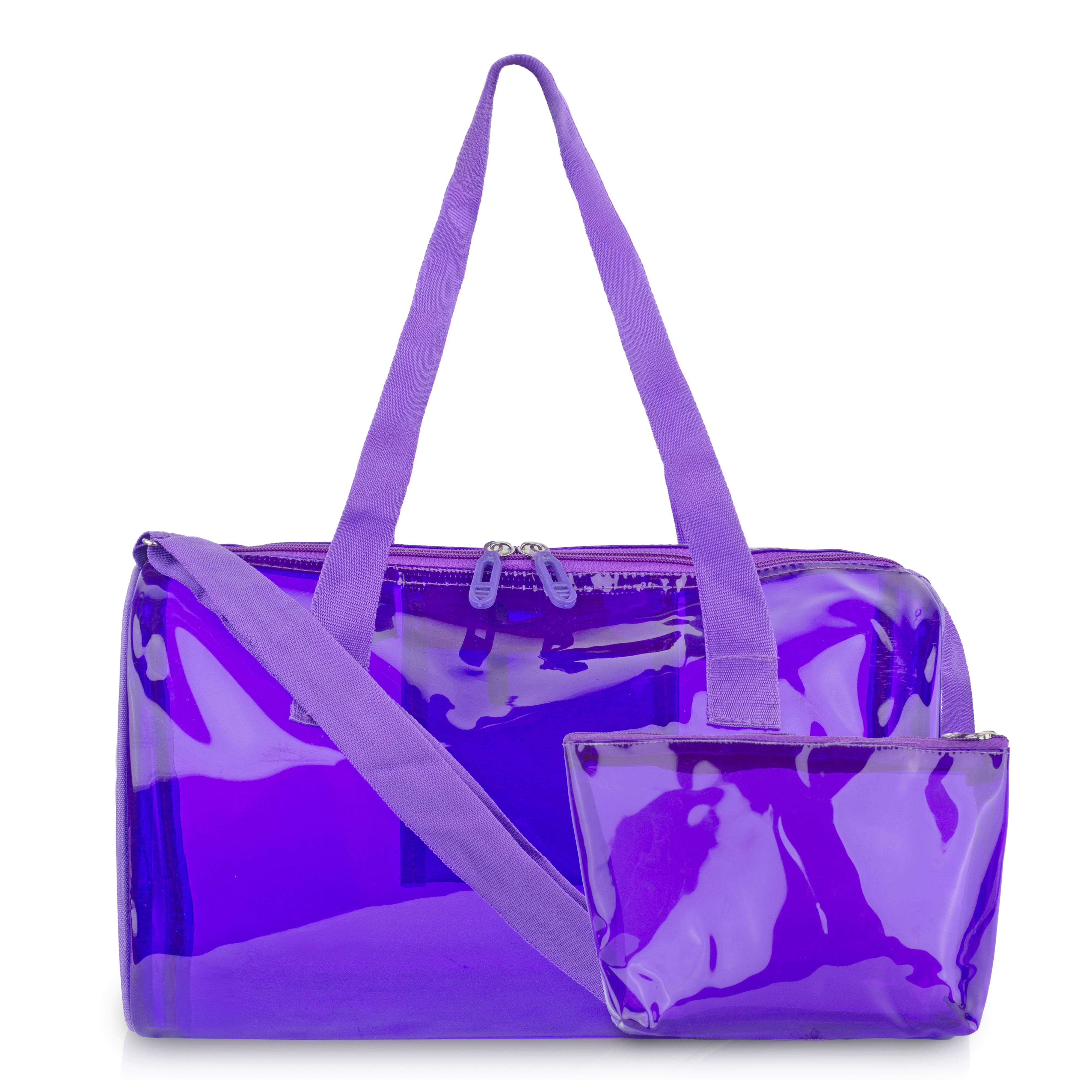 Echo Boomers Bold Blue Transparent Jelly Duffle Bag with Matching Pouch | 50 GSM Waterproof PVC Travel Gym Tote | Lightweight Shoulder Handbag for Women, Girls, College, Sports & Weekend Trips