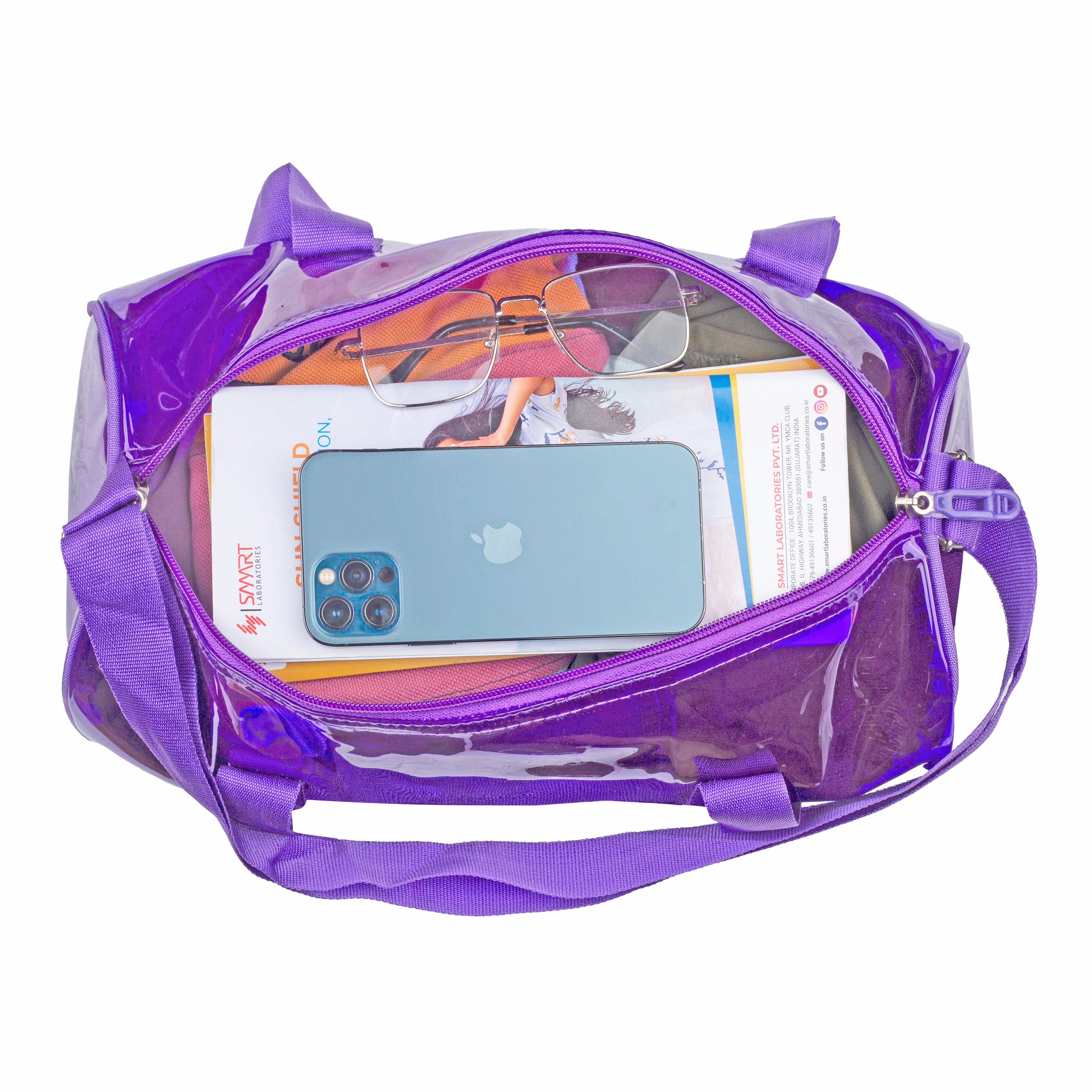 Echo Boomers Bold Blue Transparent Jelly Duffle Bag with Matching Pouch | 50 GSM Waterproof PVC Travel Gym Tote | Lightweight Shoulder Handbag for Women, Girls, College, Sports & Weekend Trips