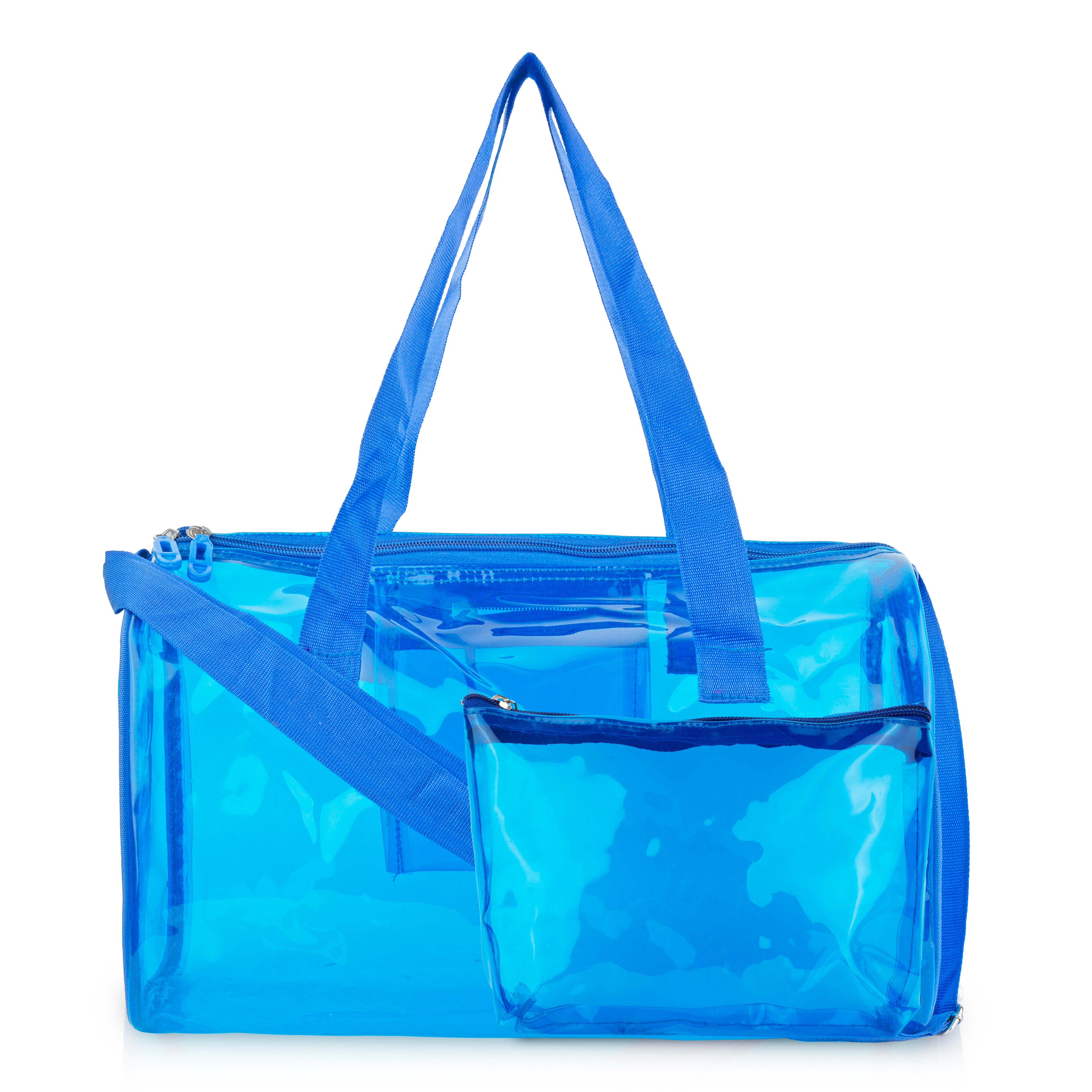 Echo Boomers Bold Blue Transparent Jelly Duffle Bag with Matching Pouch | 50 GSM Waterproof PVC Travel Gym Tote | Lightweight Shoulder Handbag for Women, Girls, College, Sports & Weekend Trips