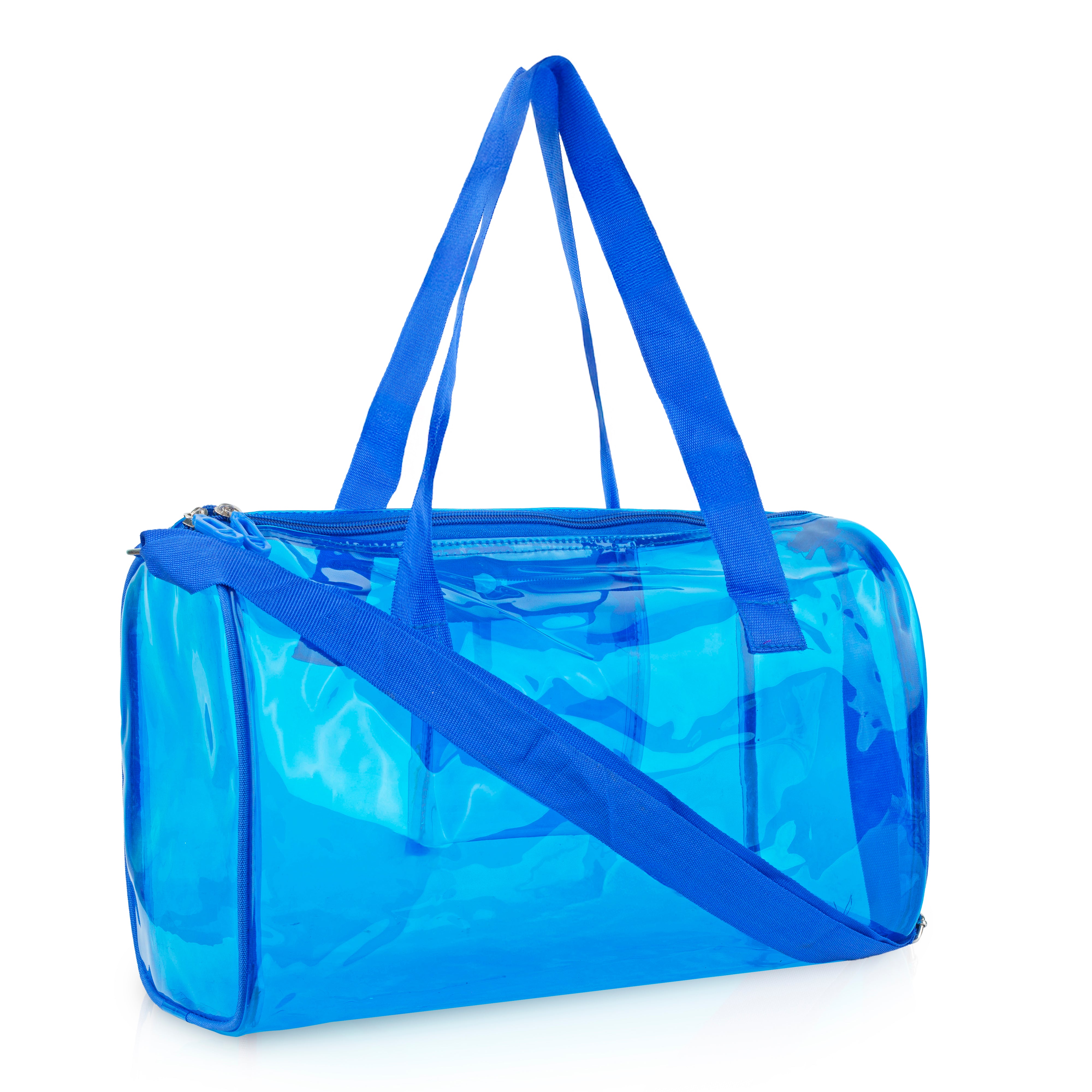Echo Boomers Bold Blue Transparent Jelly Duffle Bag with Matching Pouch | 50 GSM Waterproof PVC Travel Gym Tote | Lightweight Shoulder Handbag for Women, Girls, College, Sports & Weekend Trips