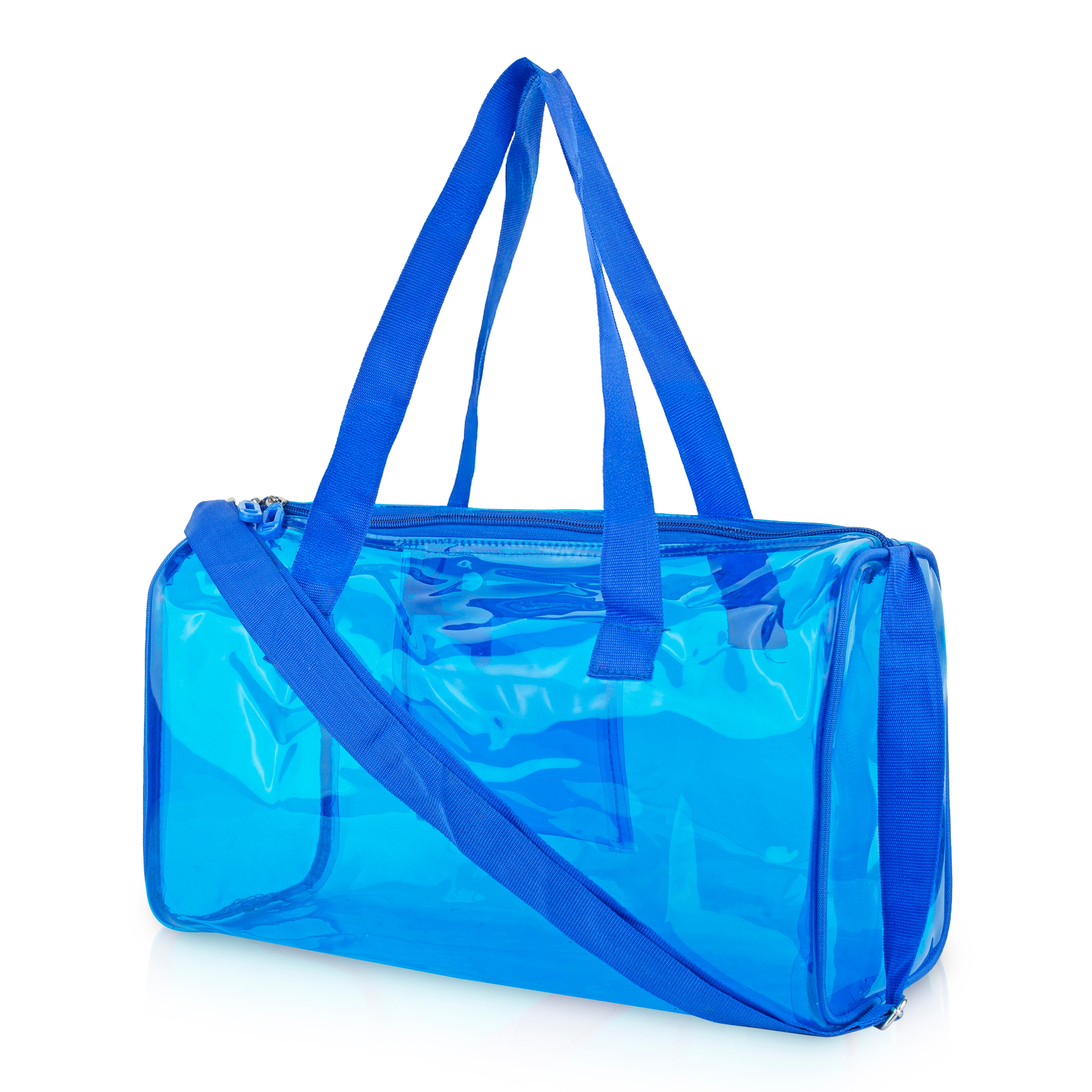 Echo Boomers Bold Blue Transparent Jelly Duffle Bag with Matching Pouch | 50 GSM Waterproof PVC Travel Gym Tote | Lightweight Shoulder Handbag for Women, Girls, College, Sports & Weekend Trips