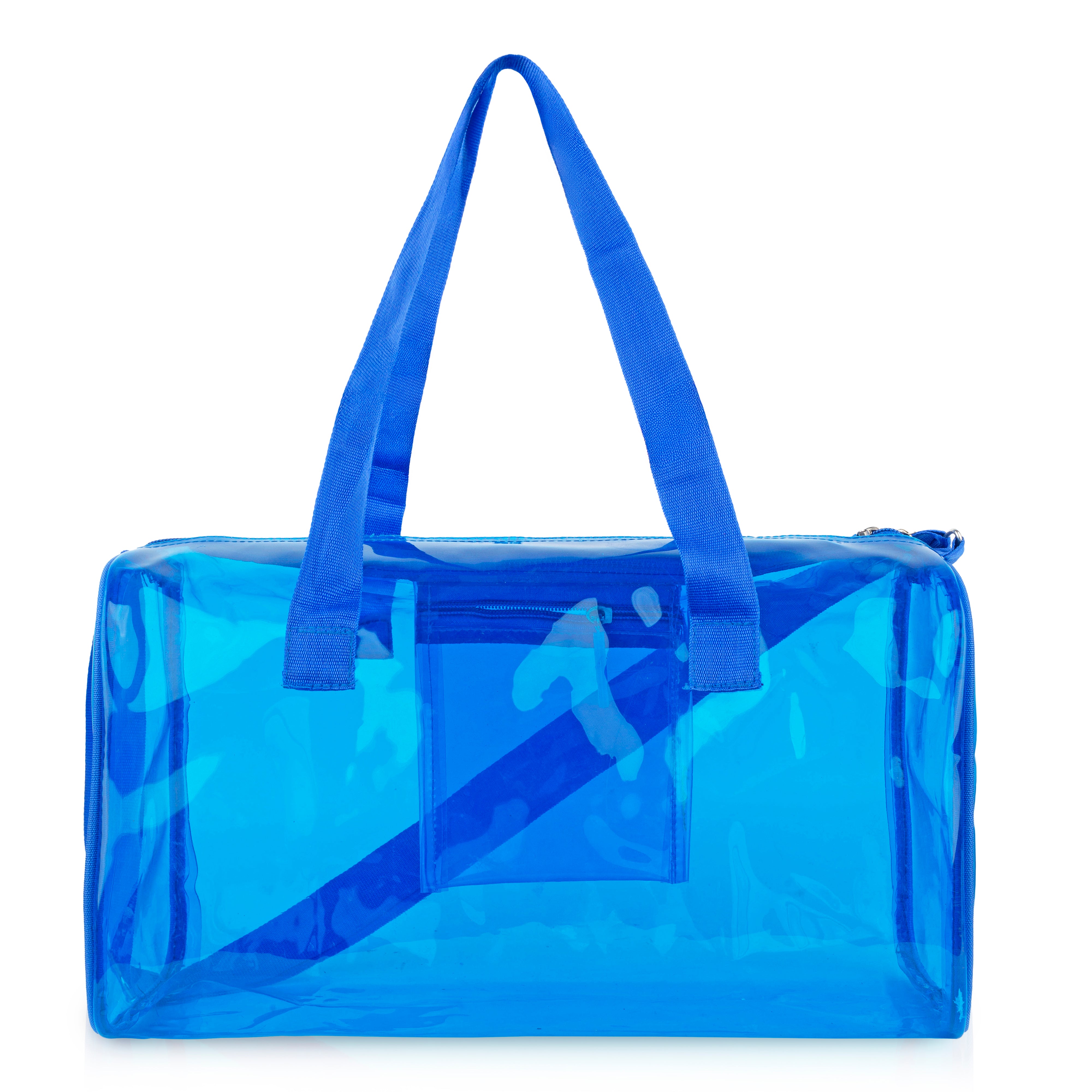 Echo Boomers Bold Blue Transparent Jelly Duffle Bag with Matching Pouch | 50 GSM Waterproof PVC Travel Gym Tote | Lightweight Shoulder Handbag for Women, Girls, College, Sports & Weekend Trips