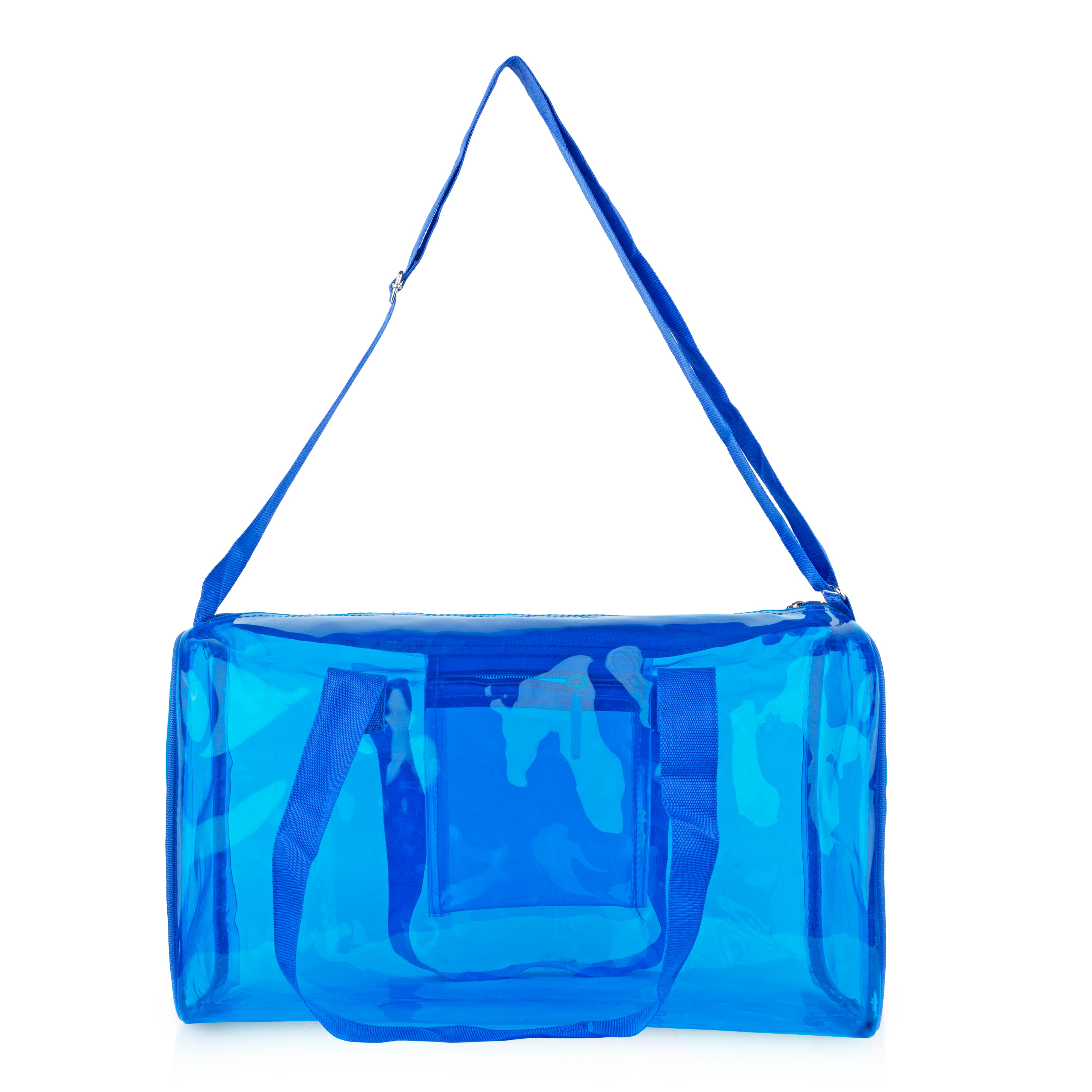 Echo Boomers Bold Blue Transparent Jelly Duffle Bag with Matching Pouch | 50 GSM Waterproof PVC Travel Gym Tote | Lightweight Shoulder Handbag for Women, Girls, College, Sports & Weekend Trips