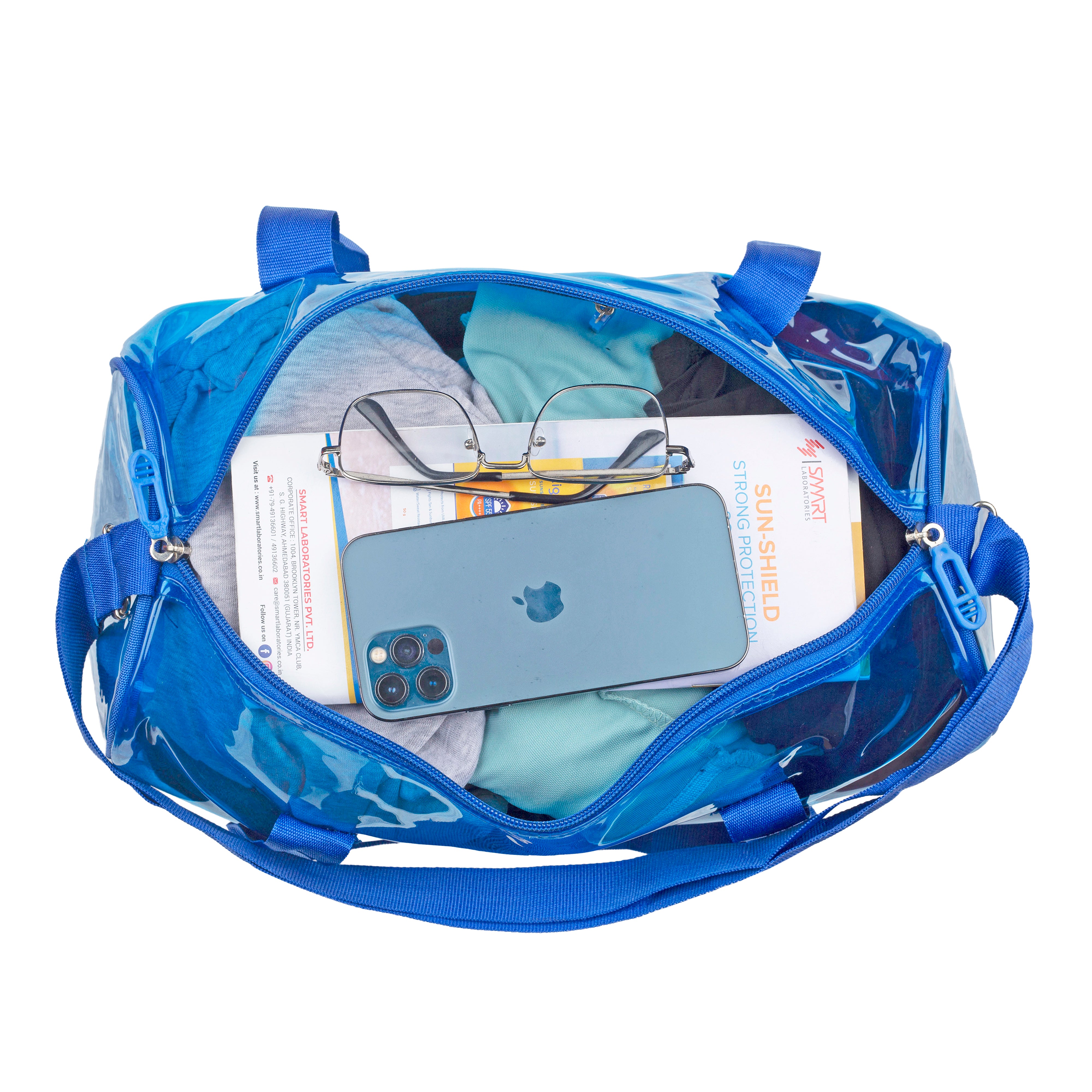 Echo Boomers Bold Blue Transparent Jelly Duffle Bag with Matching Pouch | 50 GSM Waterproof PVC Travel Gym Tote | Lightweight Shoulder Handbag for Women, Girls, College, Sports & Weekend Trips