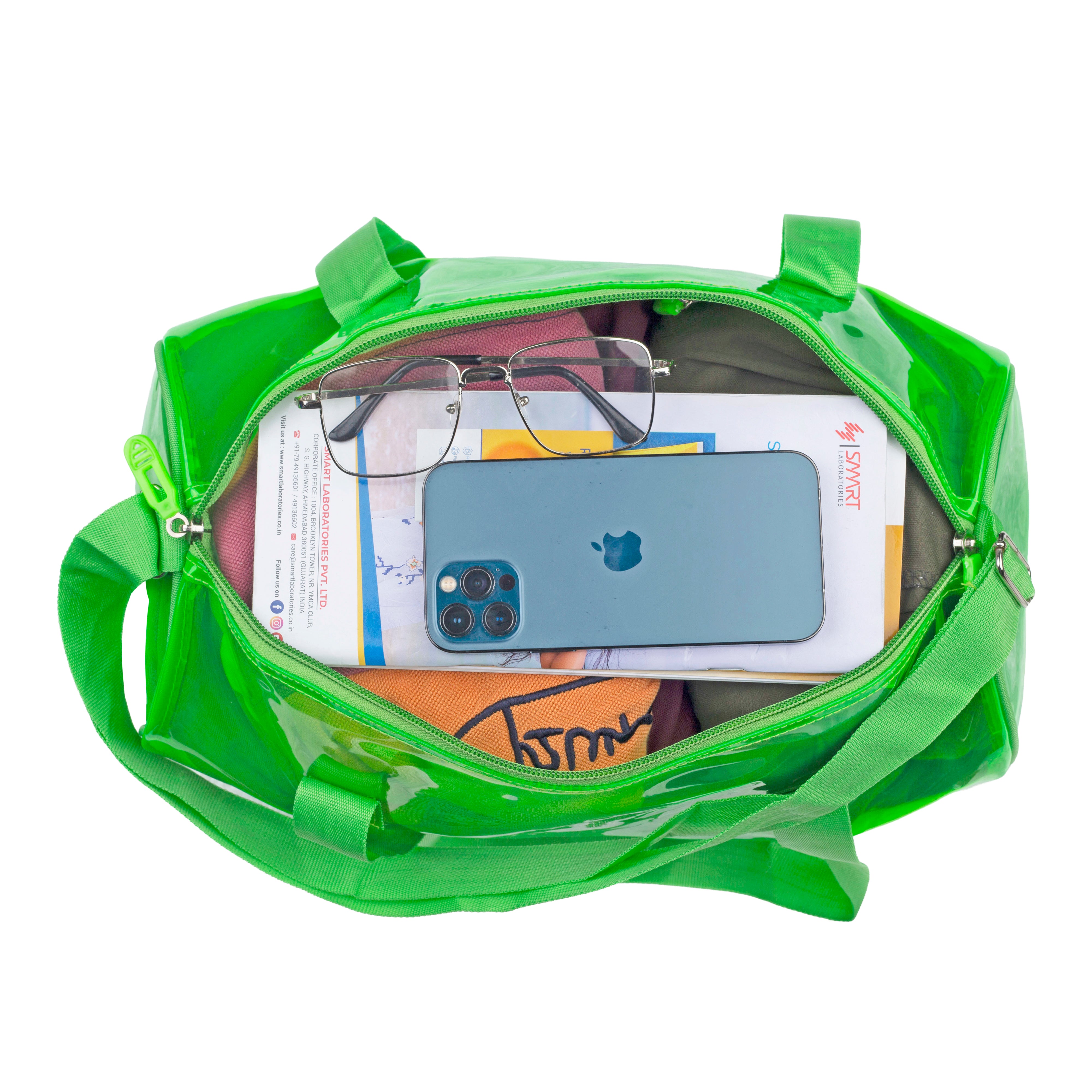 Echo Boomers Bold Blue Transparent Jelly Duffle Bag with Matching Pouch | 50 GSM Waterproof PVC Travel Gym Tote | Lightweight Shoulder Handbag for Women, Girls, College, Sports & Weekend Trips