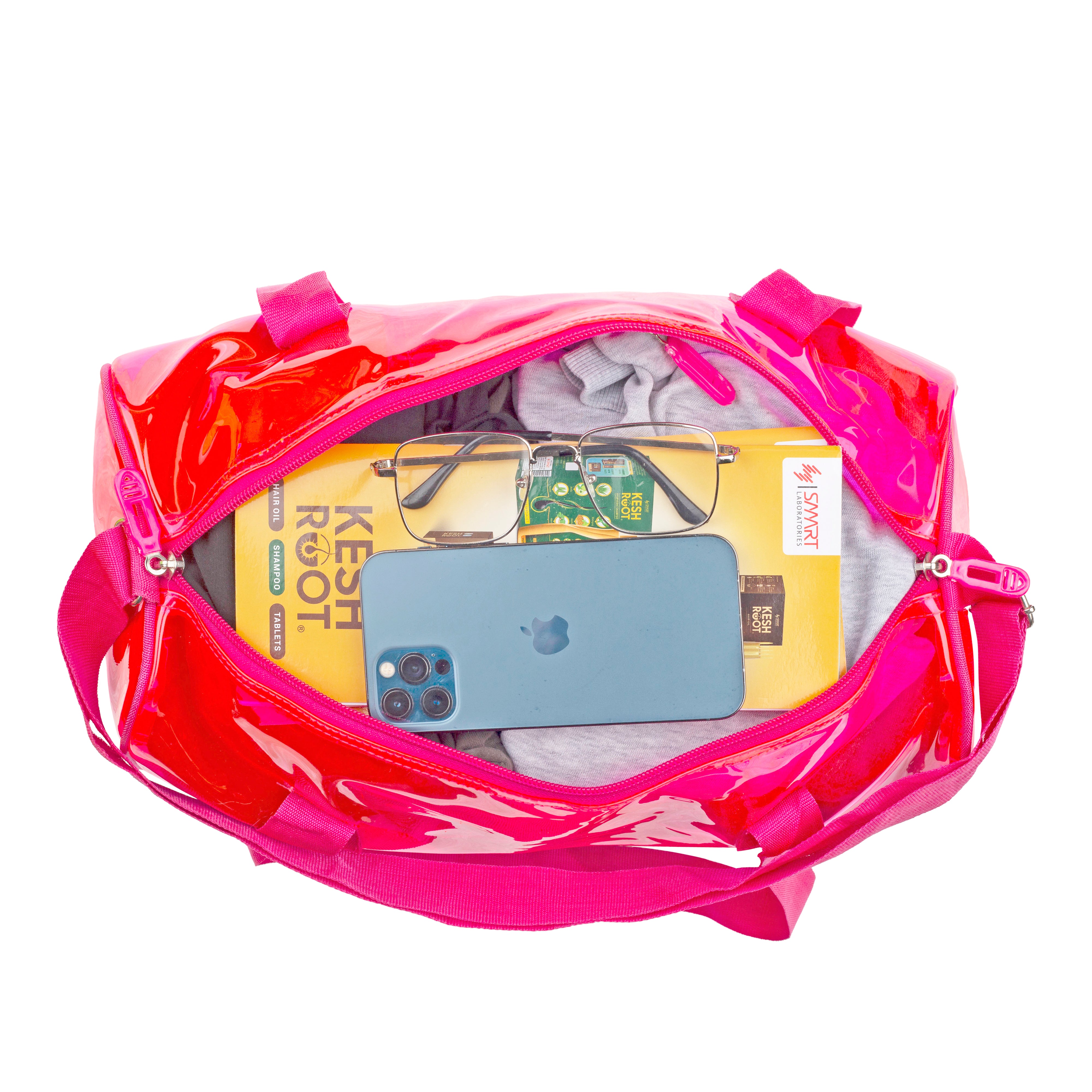 Echo Boomers Bold Blue Transparent Jelly Duffle Bag with Matching Pouch | 50 GSM Waterproof PVC Travel Gym Tote | Lightweight Shoulder Handbag for Women, Girls, College, Sports & Weekend Trips