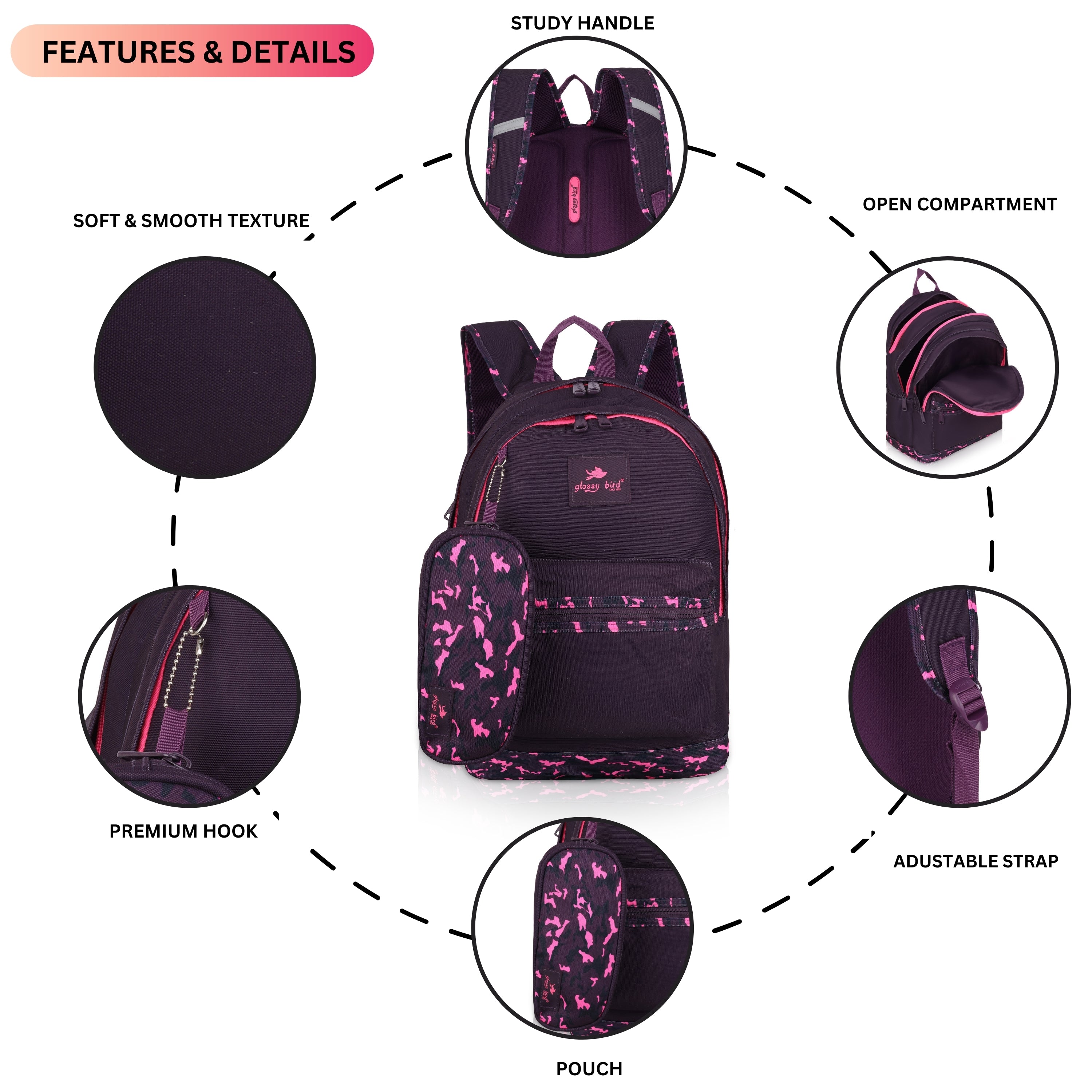 Echo Boomers Glossy Bird Backpack (PURPLE) – Water-Resistant School, Travel & Office Bag for Men & Women with Detachable Pouch, Padded Straps, Multi-Pockets & Reflective Strips