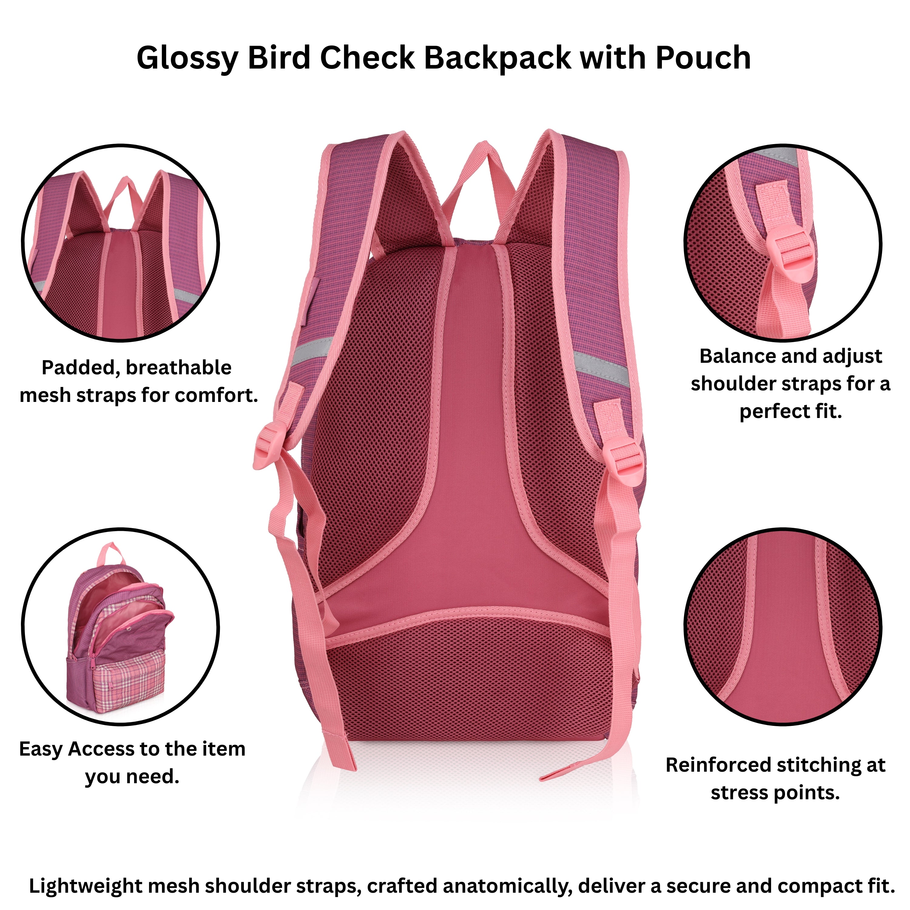 Echo Boomers Glossy Bird 21L Unisex Backpack with Pouch – Stylish Check Design, 3 Compartments, Front Pocket, Bottle Holder – Water-Resistant School, Travel, Office Bag (Yellow