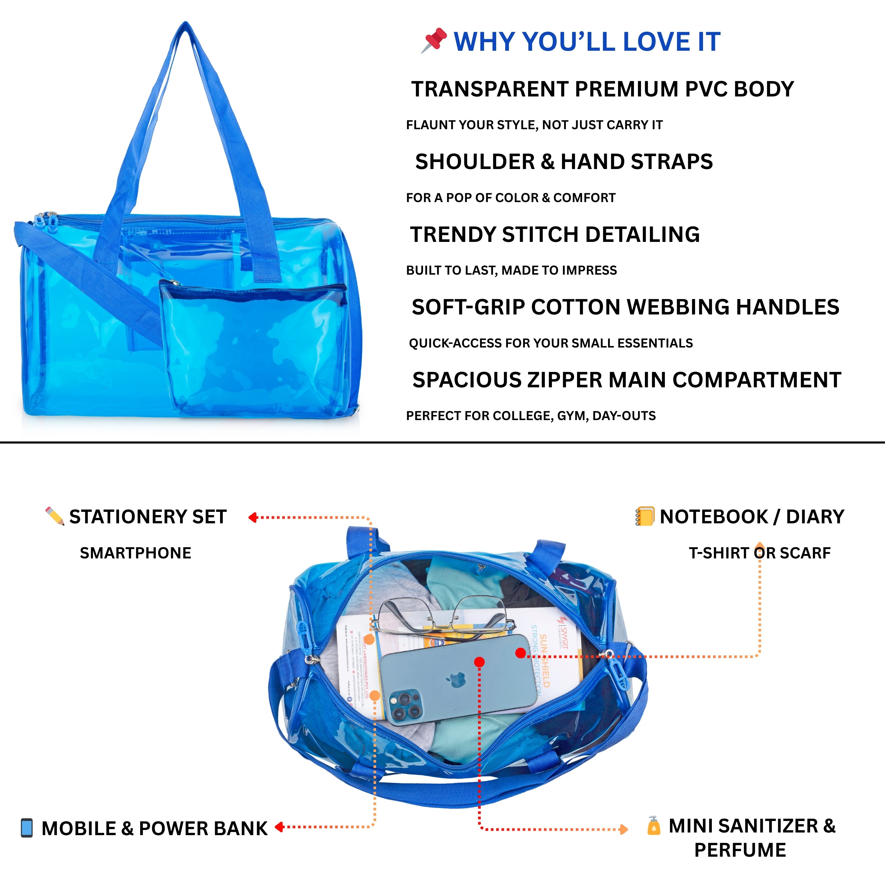 Echo Boomers Bold Blue Transparent Jelly Duffle Bag with Matching Pouch | 50 GSM Waterproof PVC Travel Gym Tote | Lightweight Shoulder Handbag for Women, Girls, College, Sports & Weekend Trips