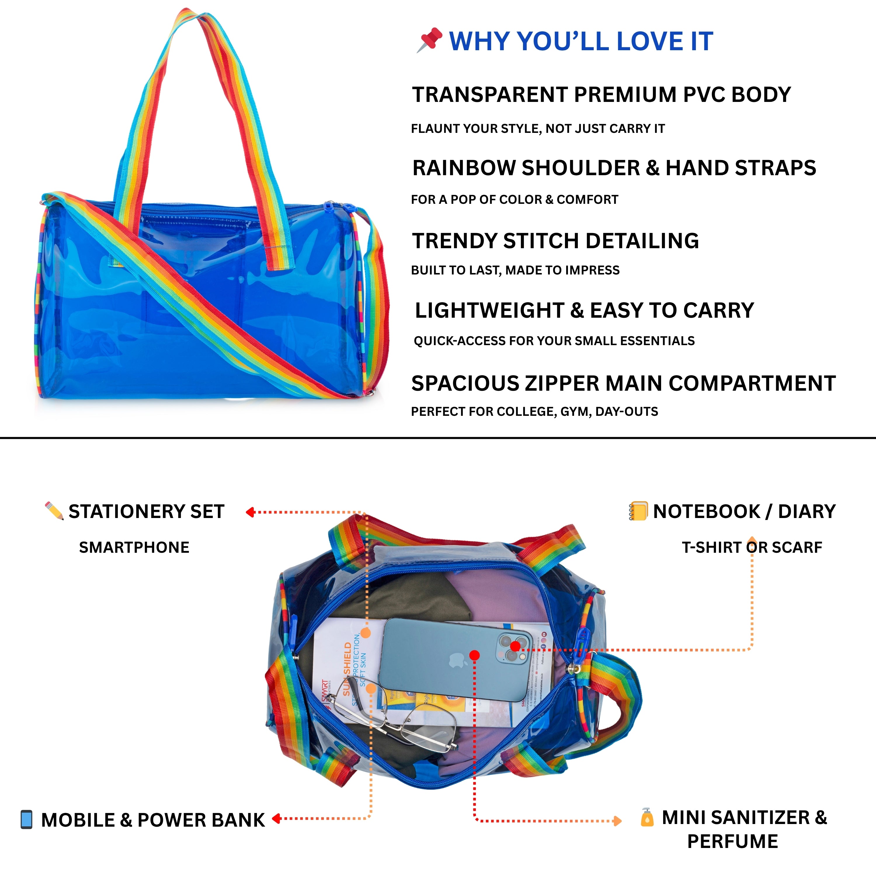 Echo Boomers See-Through Jelly Duffle –  Transparent Bag with Rainbow Handles | Trendy Handbag for School, Gym, Travel, Beach