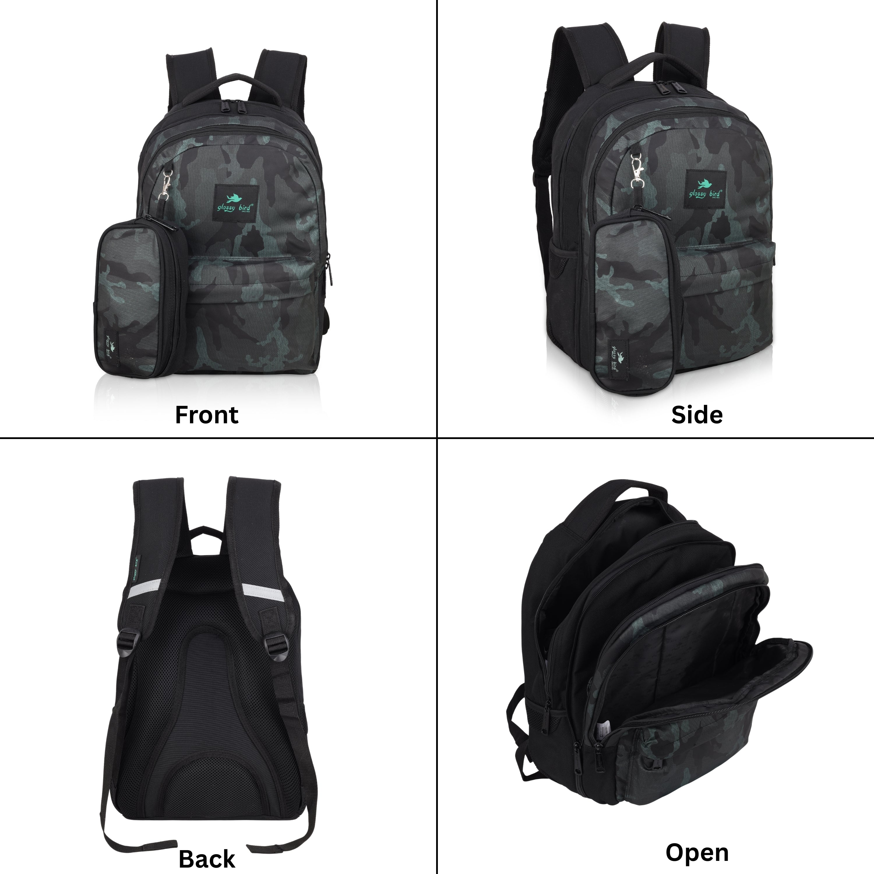 Echo Boomers Glossy Bird Backpack – Water-Resistant Unisex Bag with 4 Compartments, Bottle Holder, Detachable Pouch & Padded Straps – Travel & School Backpack (SKY)
