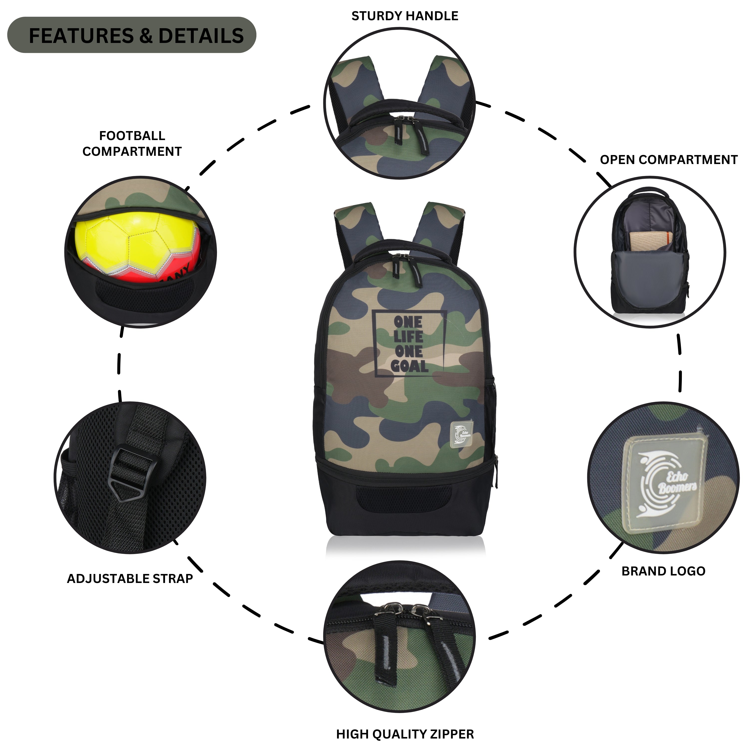 Echo Boomers Manchester United Sports Backpack with Separate Football Compartment | Student Sports Backpack with Adjustable Straps, Sturdy Handle & High Quality Zippers