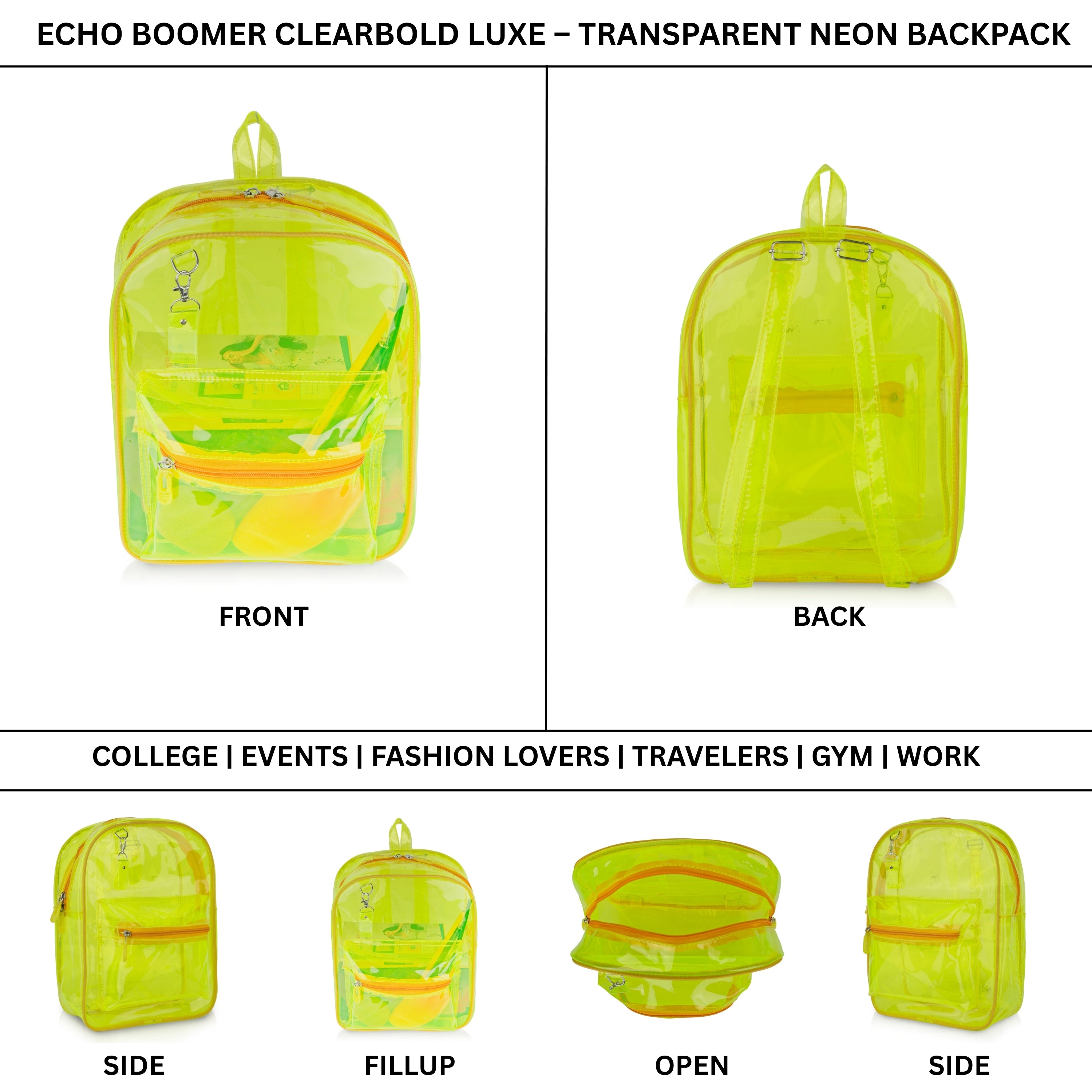 Echo Boomers Stylish Transparent Jelly Backpack | Trendy Neon Yellow Clear Bag | 50 GSM Waterproof PVC School, College & Travel Backpack with Front Zipper Pocket