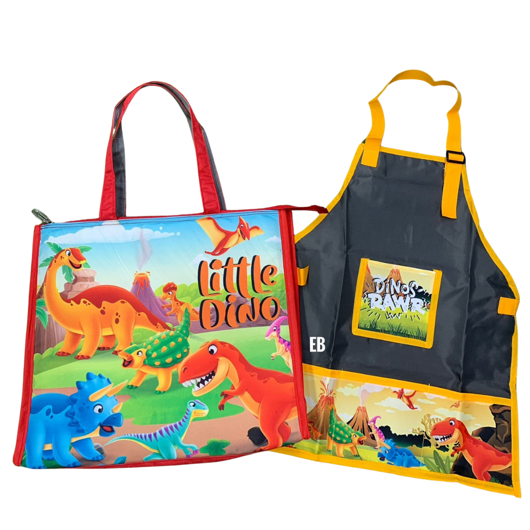 Echo Boomers Dino Printed Jumbo Tote Bag &amp; Waterproof Kids Apron Combo