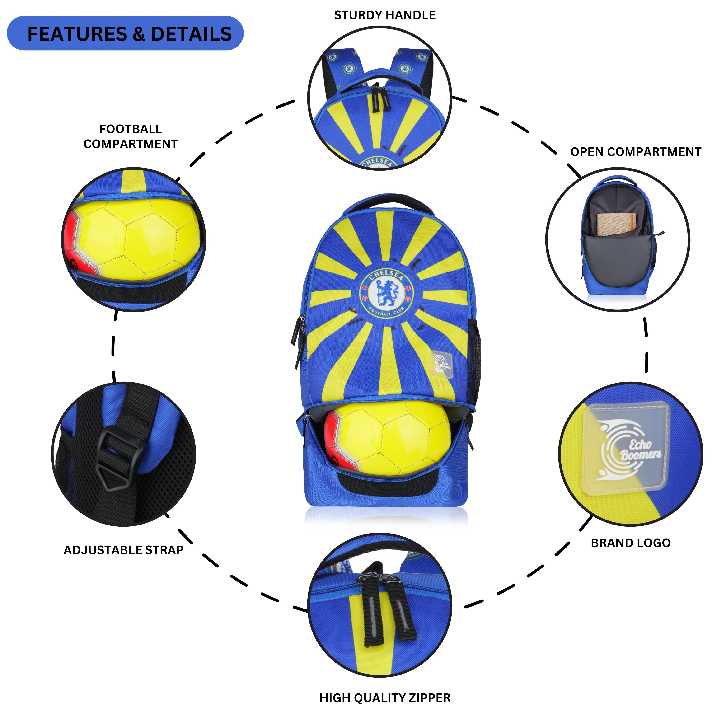 Echo Boomers Manchester United Sports Backpack with Separate Football Compartment | Student Sports Backpack with Adjustable Straps, Sturdy Handle & High Quality Zippers