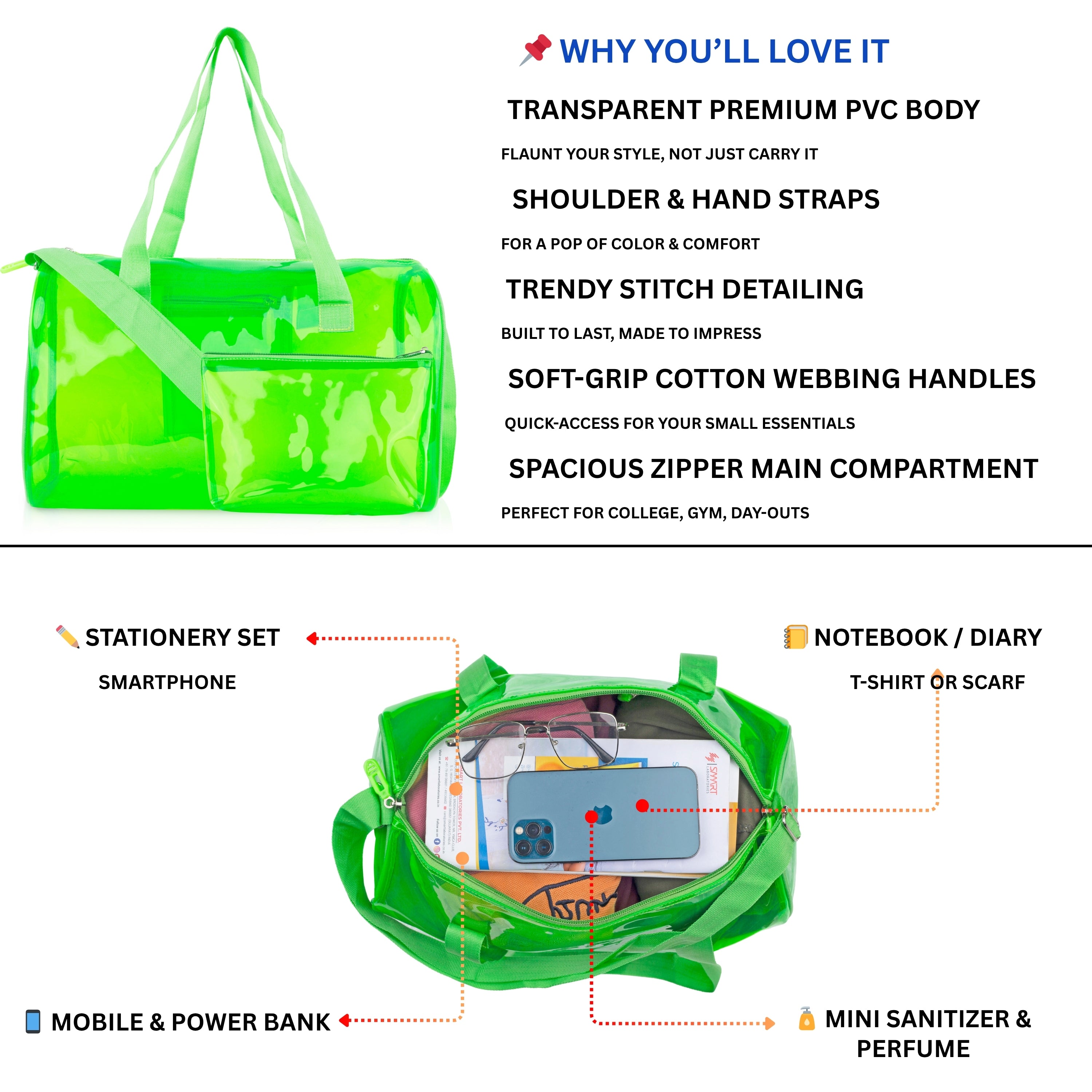 Echo Boomers Bold Blue Transparent Jelly Duffle Bag with Matching Pouch | 50 GSM Waterproof PVC Travel Gym Tote | Lightweight Shoulder Handbag for Women, Girls, College, Sports & Weekend Trips