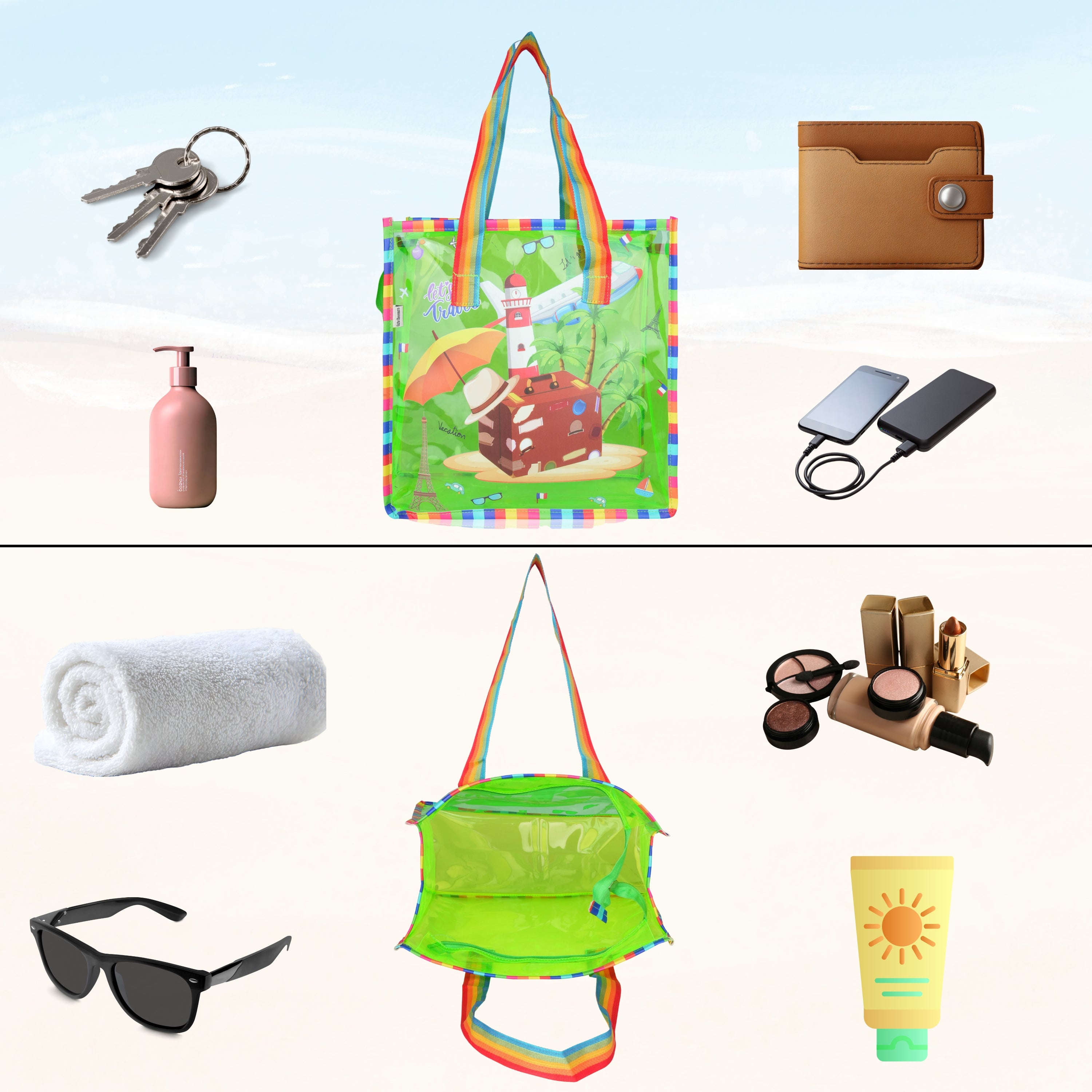 Echo Boomers Jelly Green Transparent Tote Bag for Girls & Boys | UV Printed Let’s Travel Design | Waterproof PVC Handbag | Lightweight Shopping, Outdoor, Beach & Swimming Carry Bag