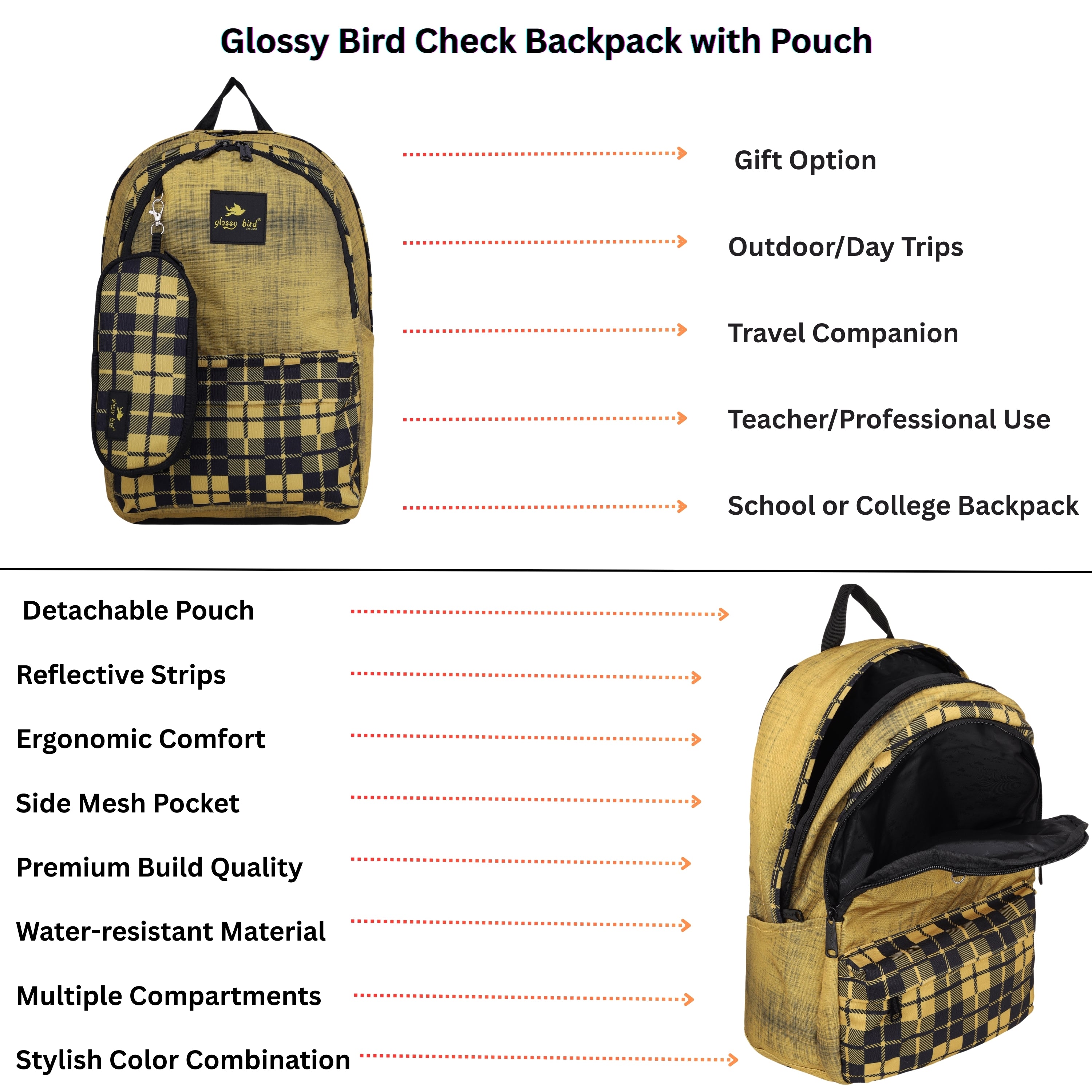 Echo Boomers Glossy Bird 21L Unisex Backpack with Pouch – Stylish Check Design, 3 Compartments, Front Pocket, Bottle Holder – Water-Resistant School, Travel, Office Bag (Yellow