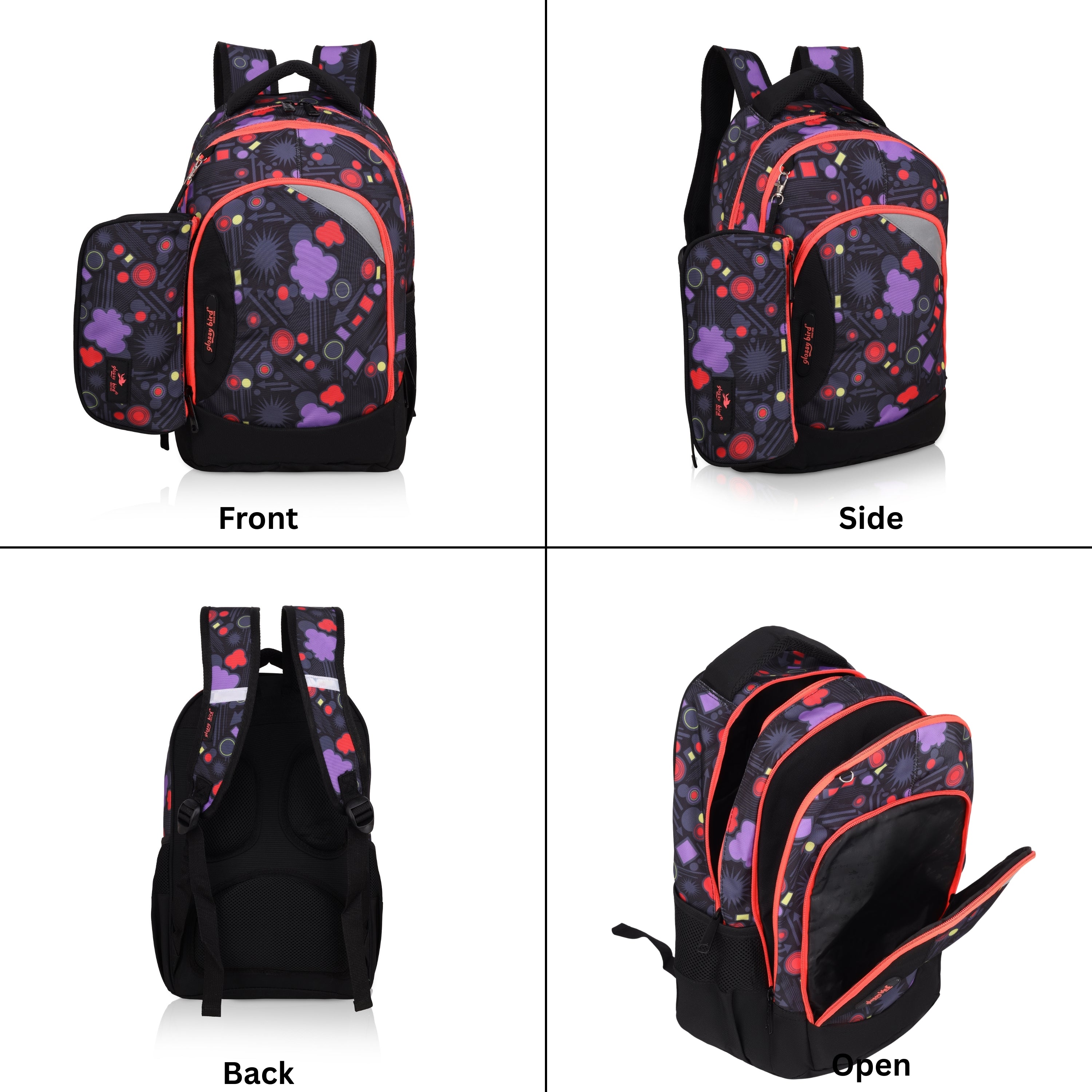 Echo Boomers Glossy Bird Backpack (BLACK) – Lightweight Water-Resistant School Bag for Girls & Boys with Detachable Pouch & Bottle Holder – Stylish Multi-Pocket Travel Backpack