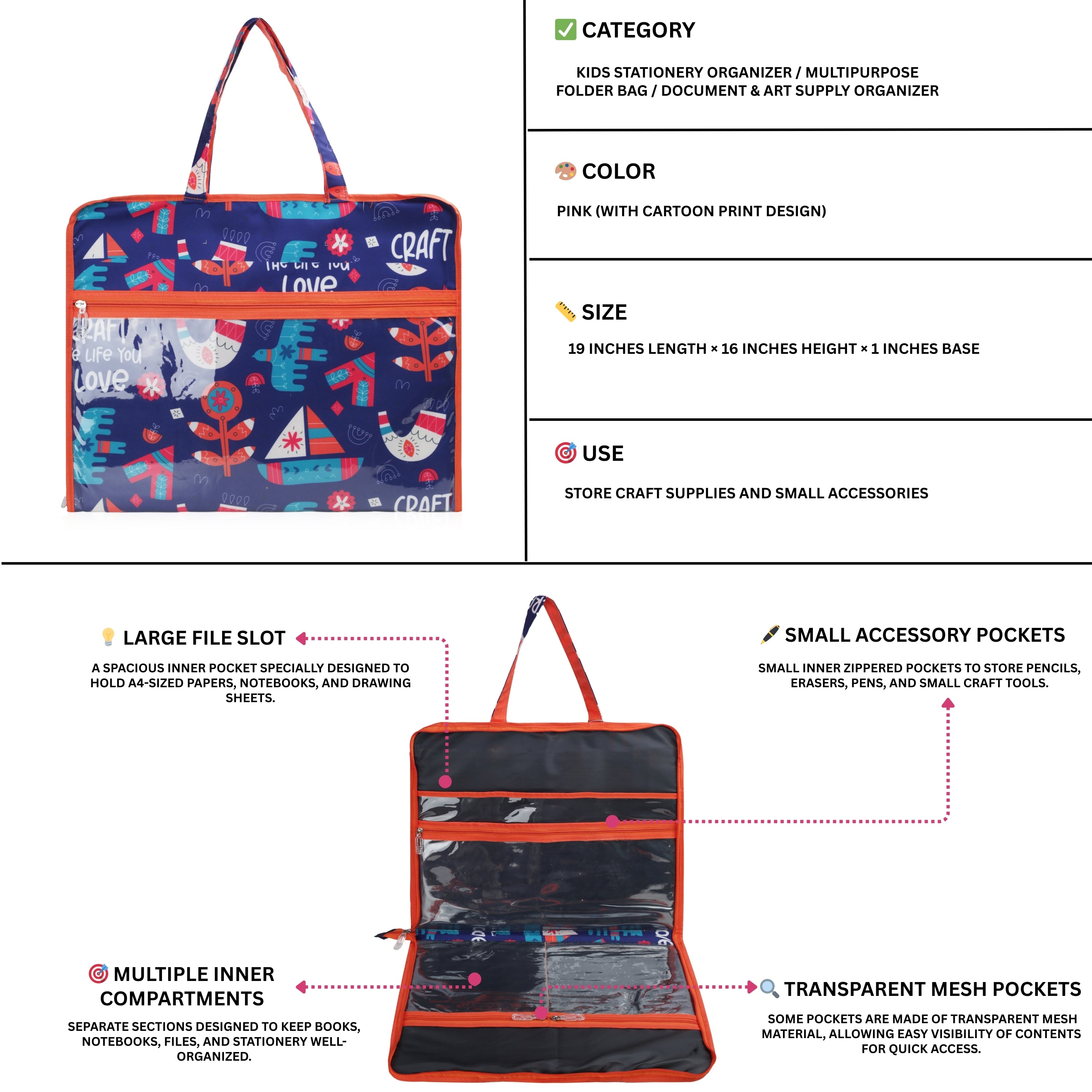 Echo Boomers Multipurpose Folder Bag | Stationery Organizer & Document File Bag with Multiple Compartments