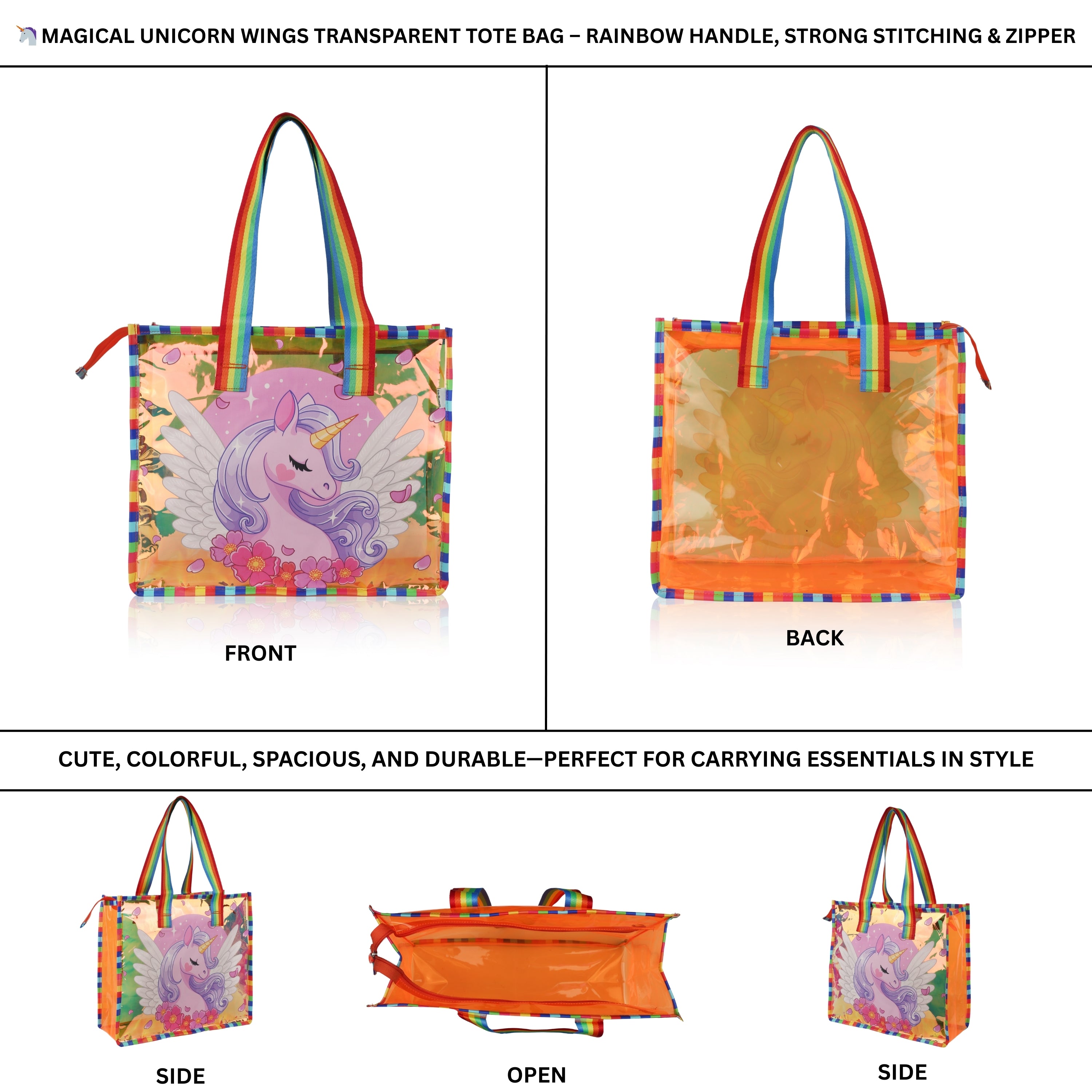 Echo Boomers Cute Mermaid,Magical Unicorn Wings,Astronaut, Stylish Cat,Cute Love Unicorn Transparent 50 GsmTote Bag – Rainbow Handles | Spacious, Durable & Stylish PVC Bag