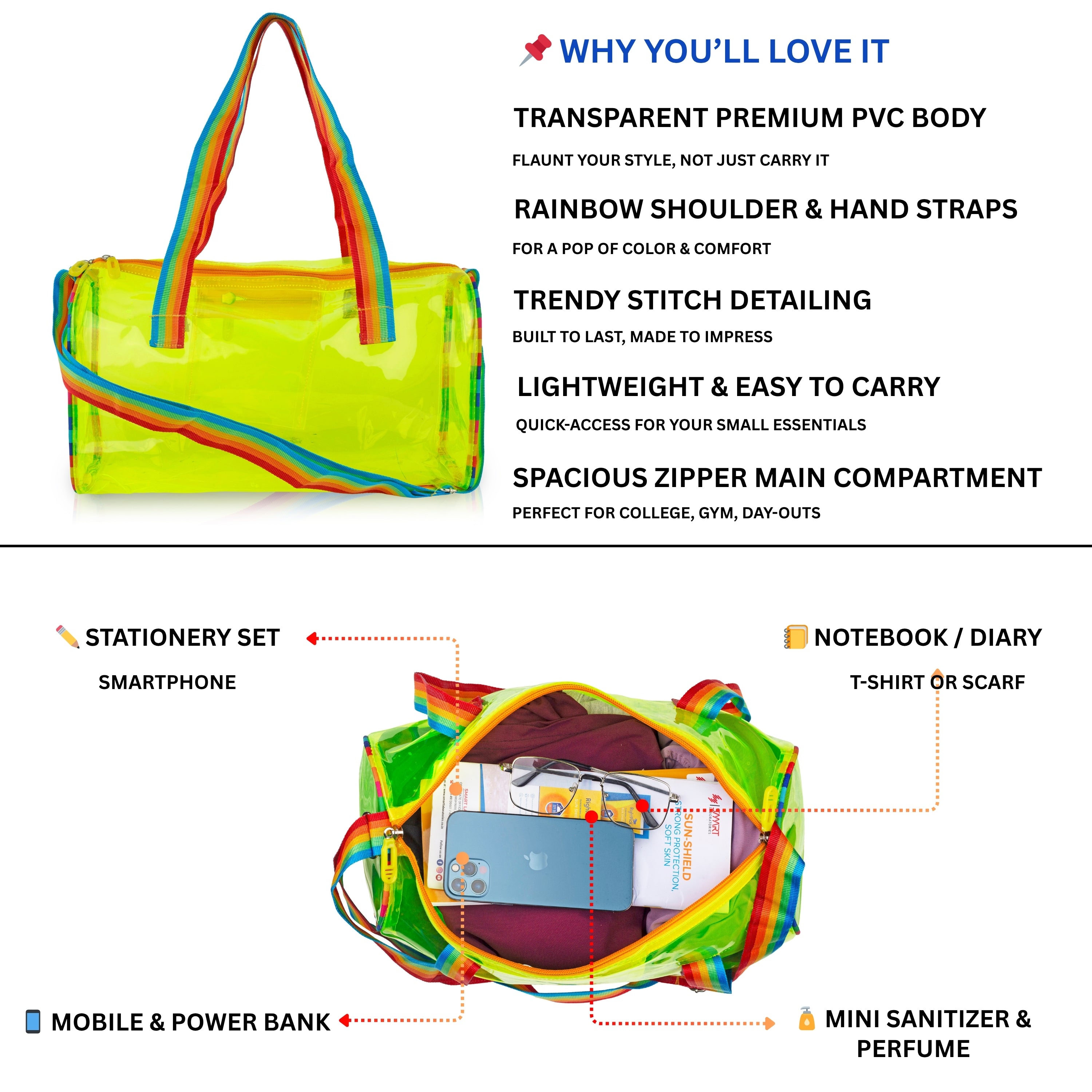 Echo Boomers See-Through Jelly Duffle –  Transparent Bag with Rainbow Handles | Trendy Handbag for School, Gym, Travel, Beach