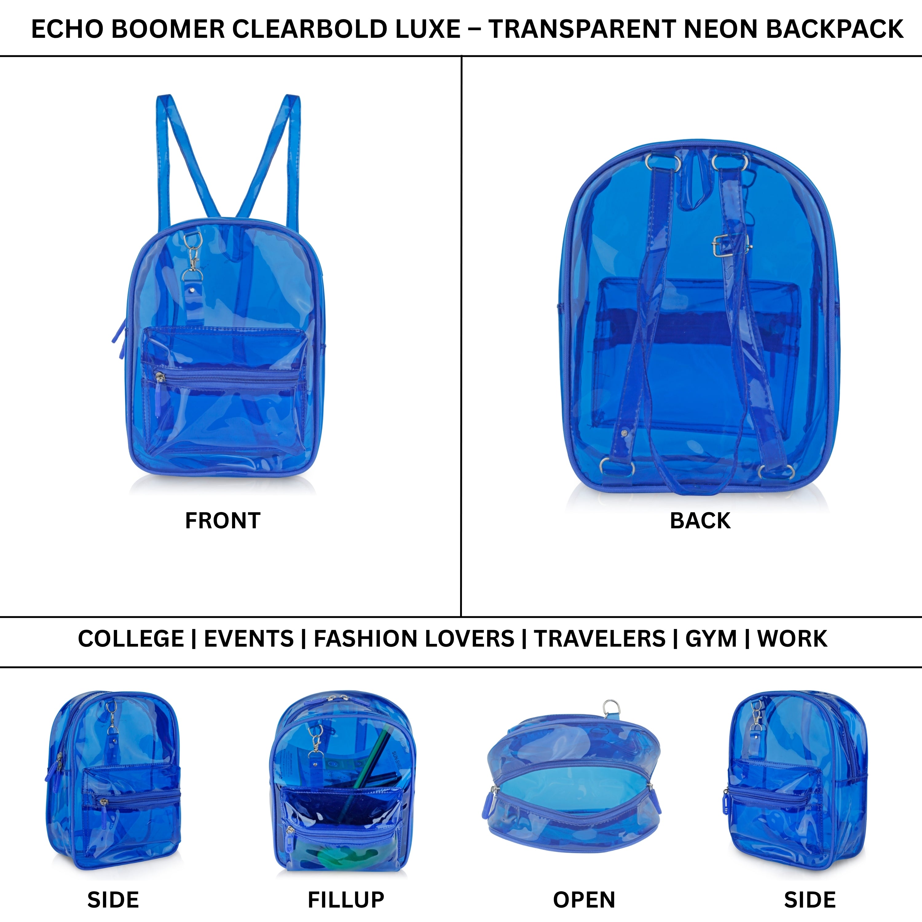 Echo Boomers Stylish Transparent Jelly Backpack | Trendy Neon Yellow Clear Bag | 50 GSM Waterproof PVC School, College & Travel Backpack with Front Zipper Pocket
