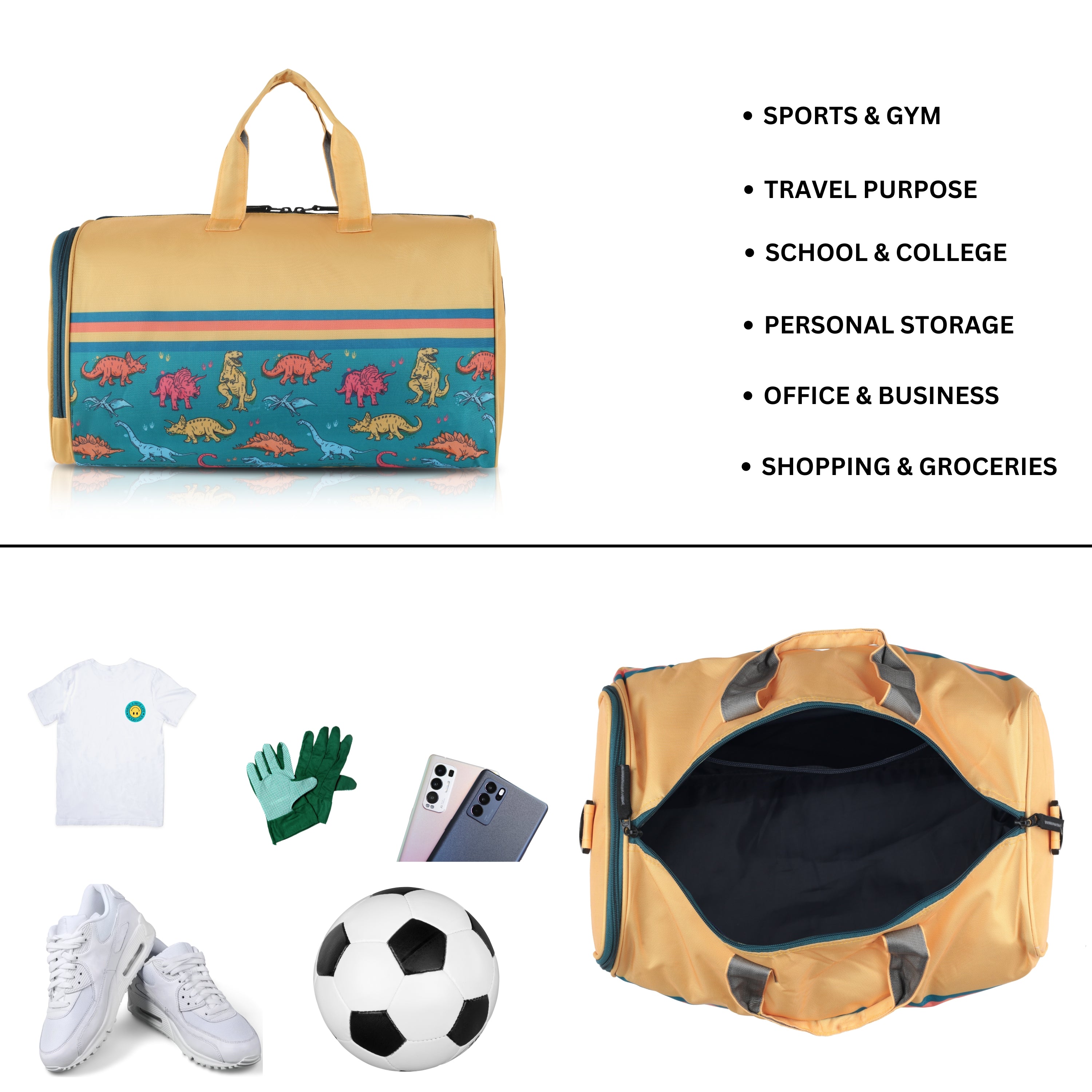 Echo Boomers Square Dino Print Duffle Bag – Stylish Travel & Gym Bag with Shoe Compartment