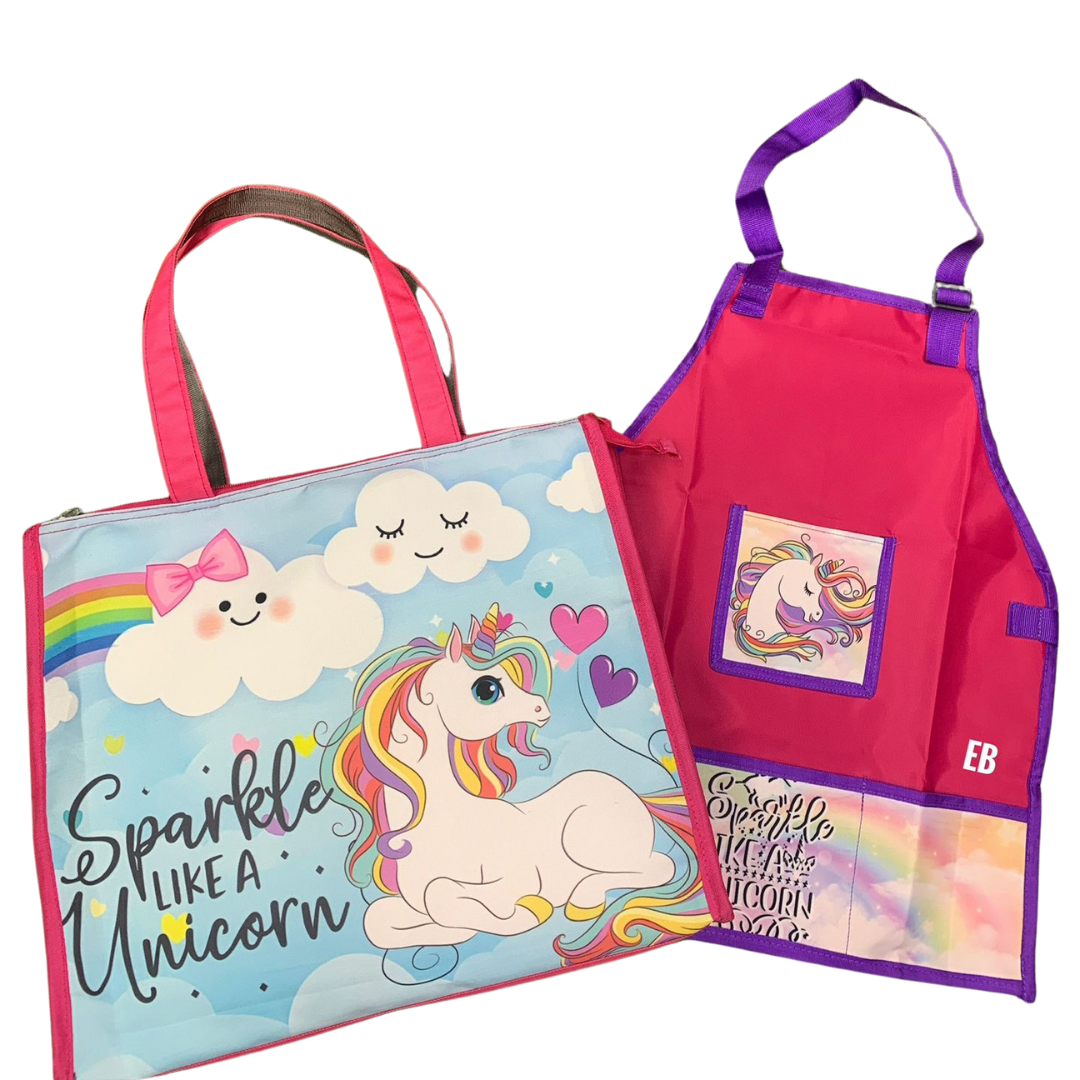 Echo Boomers Pink Sparkle Unicorn Jumbo Tote Bag & Waterproof Kids Apron Combo