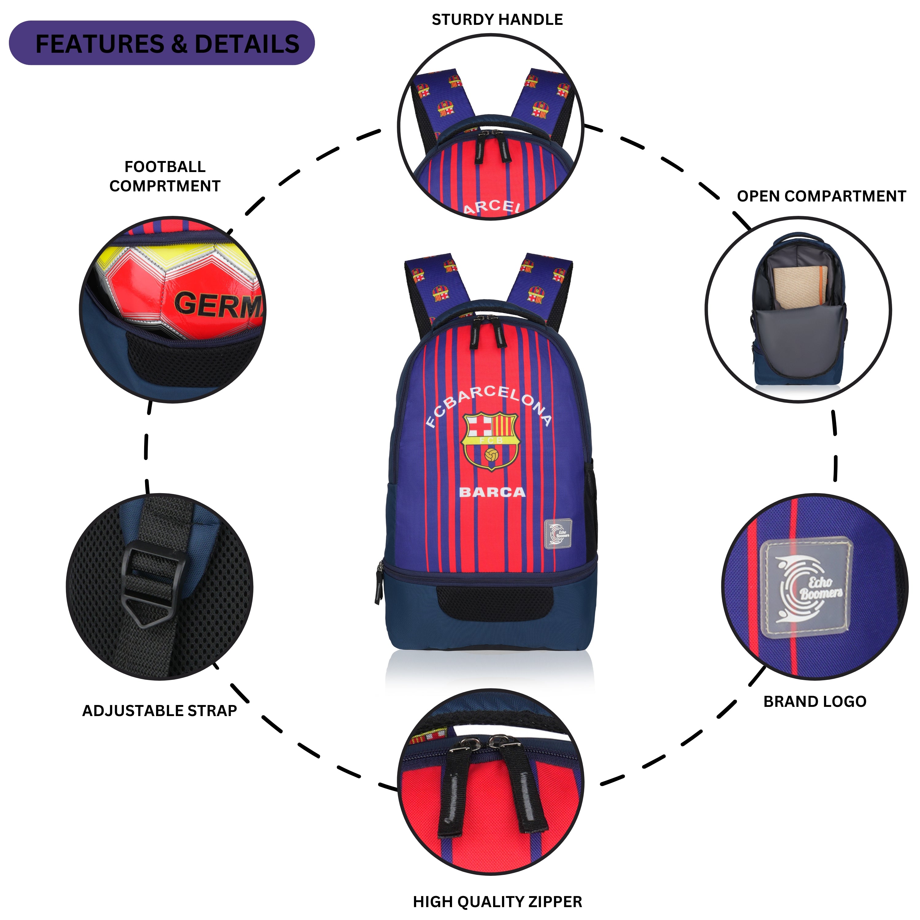 Echo Boomers Manchester United Sports Backpack with Separate Football Compartment | Student Sports Backpack with Adjustable Straps, Sturdy Handle & High Quality Zippers