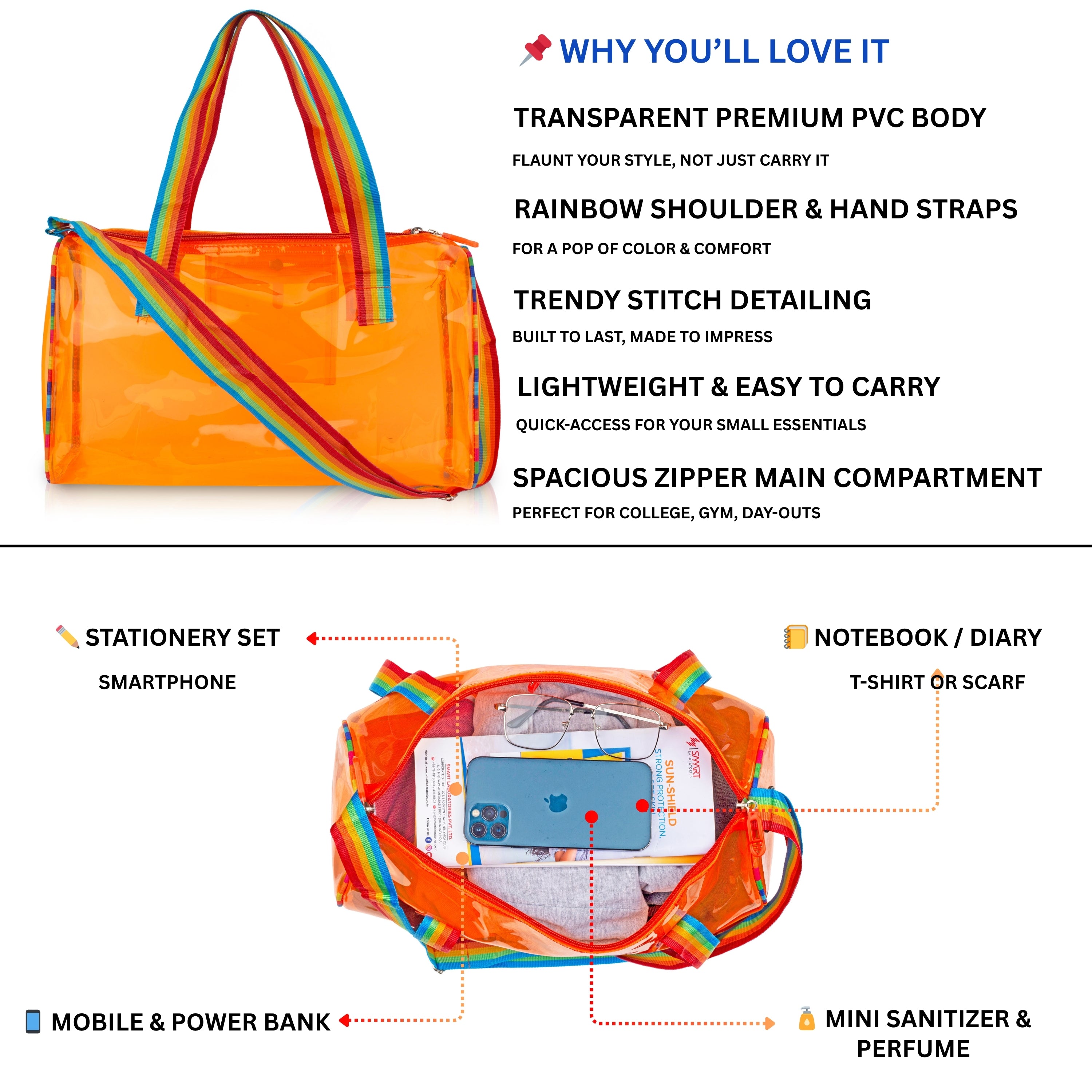 Echo Boomers See-Through Jelly Duffle –  Transparent Bag with Rainbow Handles | Trendy Handbag for School, Gym, Travel, Beach