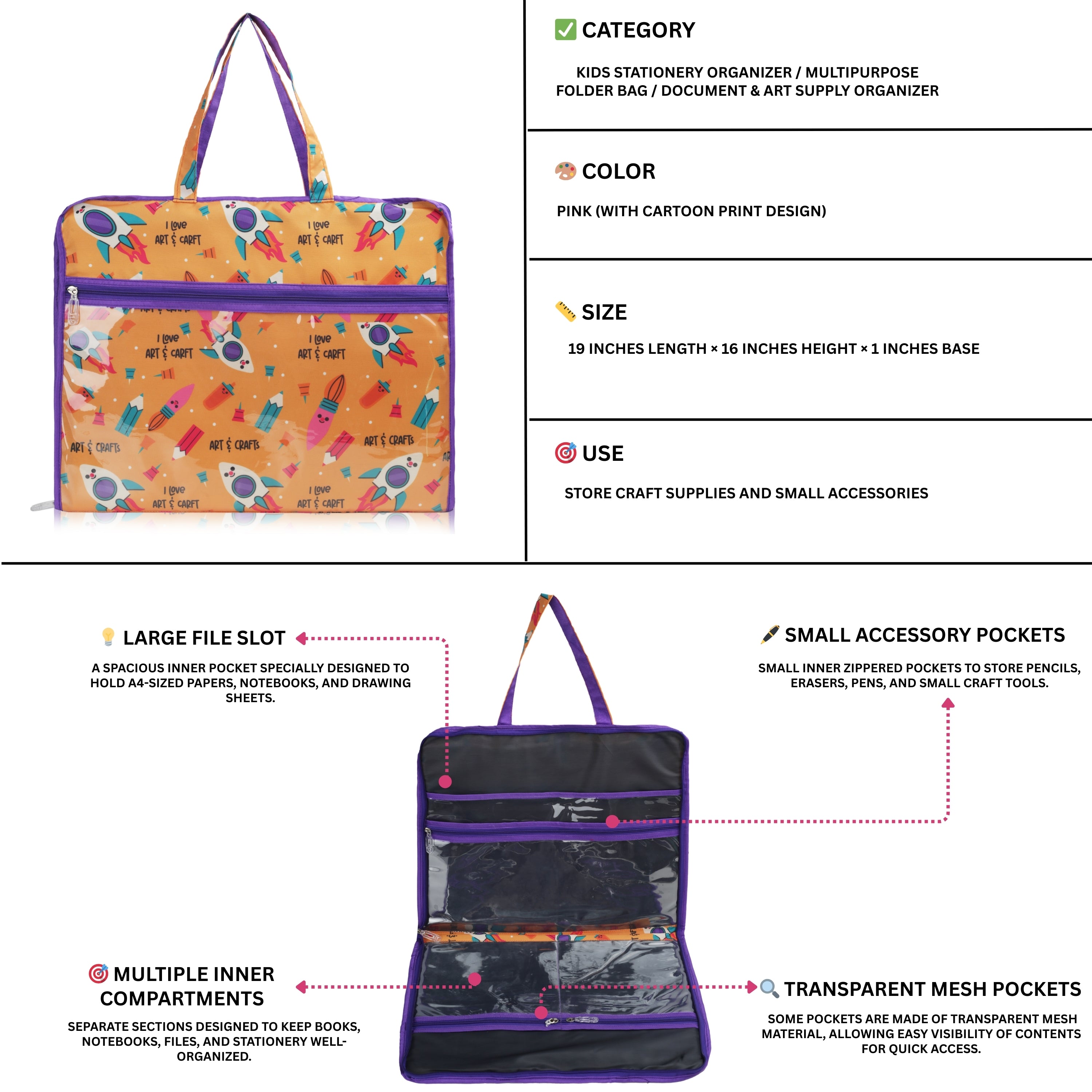 Echo Boomers Multipurpose Folder Bag | Stationery Organizer & Document File Bag with Multiple Compartments