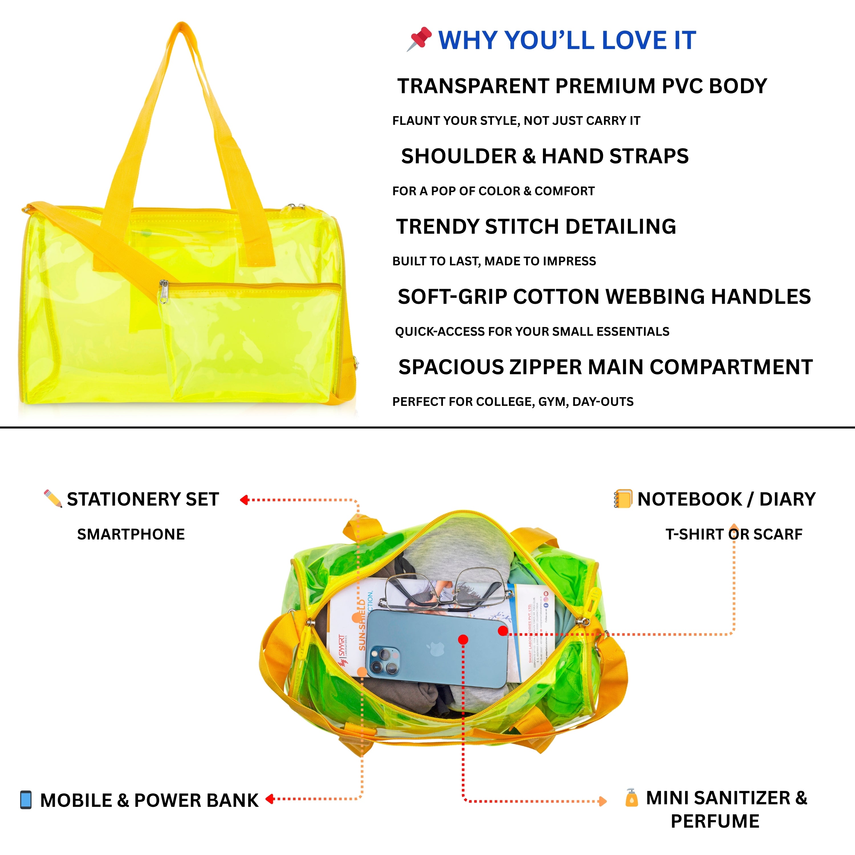 Echo Boomers Bold Blue Transparent Jelly Duffle Bag with Matching Pouch | 50 GSM Waterproof PVC Travel Gym Tote | Lightweight Shoulder Handbag for Women, Girls, College, Sports & Weekend Trips