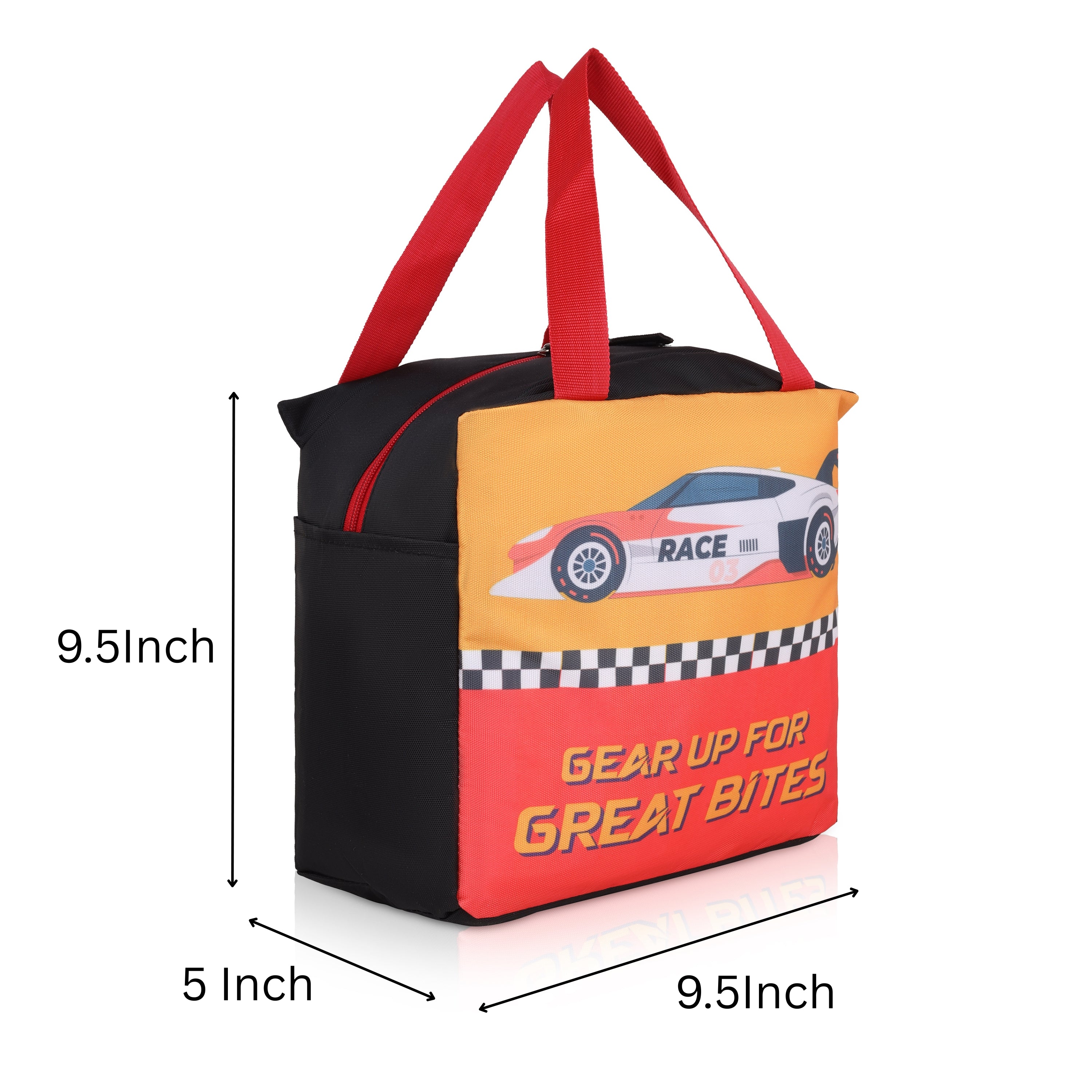 Echo Boomers Gear Up for Great Bites Race Car Black Lunch Bag for Kids | Stylish, Lightweight & Durable | School, Travel & Picnic Use | Premium Zipper, Sturdy Handle, Easy to Clean