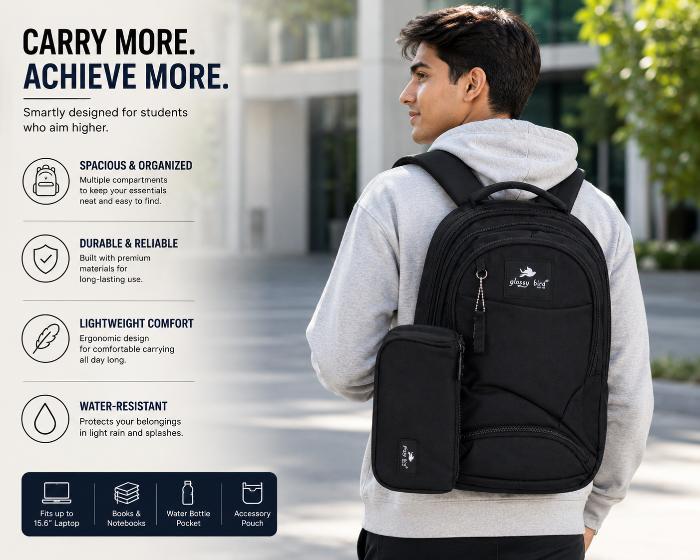 Echo Boomers Glossy Bird Explorer Backpack with Pencil Pouch | Lightweight Water-Resistant School, College, Office & Travel Backpack with Multiple Compartments