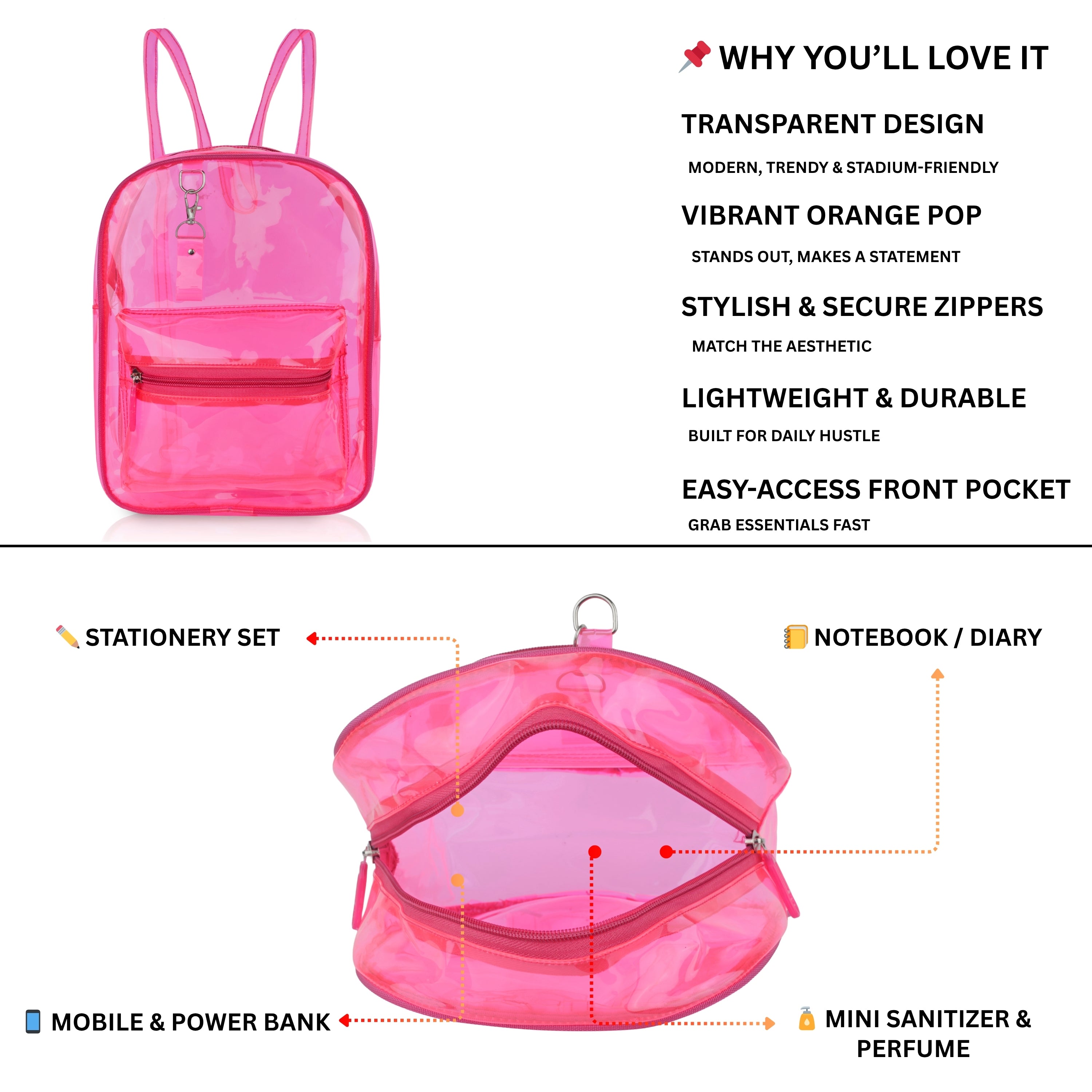Echo Boomers Stylish Transparent Jelly Backpack | Trendy Neon Yellow Clear Bag | 50 GSM Waterproof PVC School, College & Travel Backpack with Front Zipper Pocket