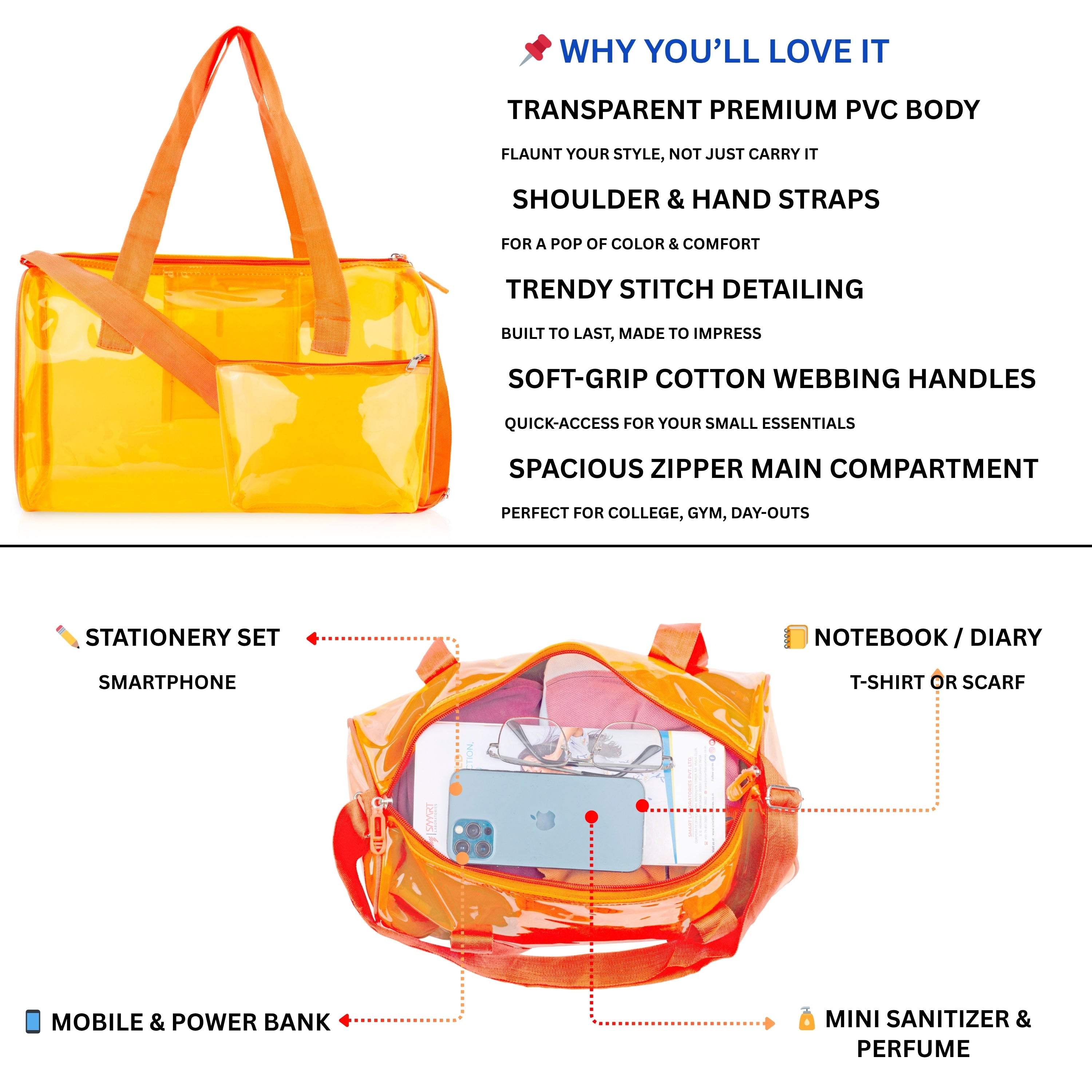 Echo Boomers Bold Blue Transparent Jelly Duffle Bag with Matching Pouch | 50 GSM Waterproof PVC Travel Gym Tote | Lightweight Shoulder Handbag for Women, Girls, College, Sports & Weekend Trips