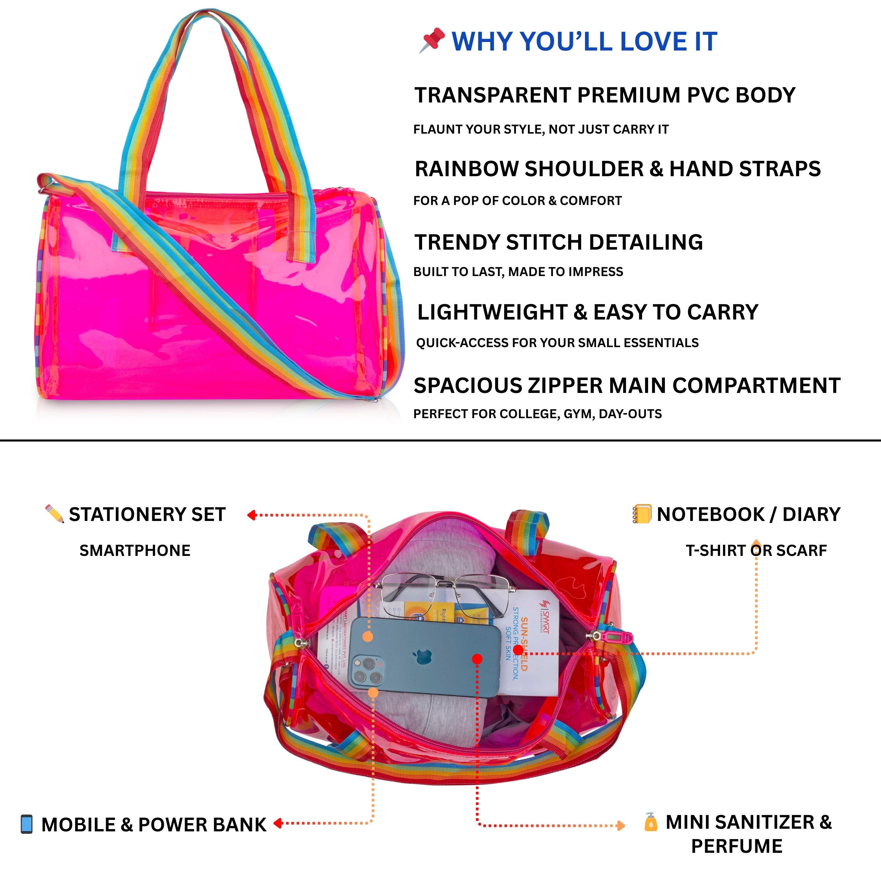 Echo Boomers See-Through Jelly Duffle –  Transparent Bag with Rainbow Handles | Trendy Handbag for School, Gym, Travel, Beach