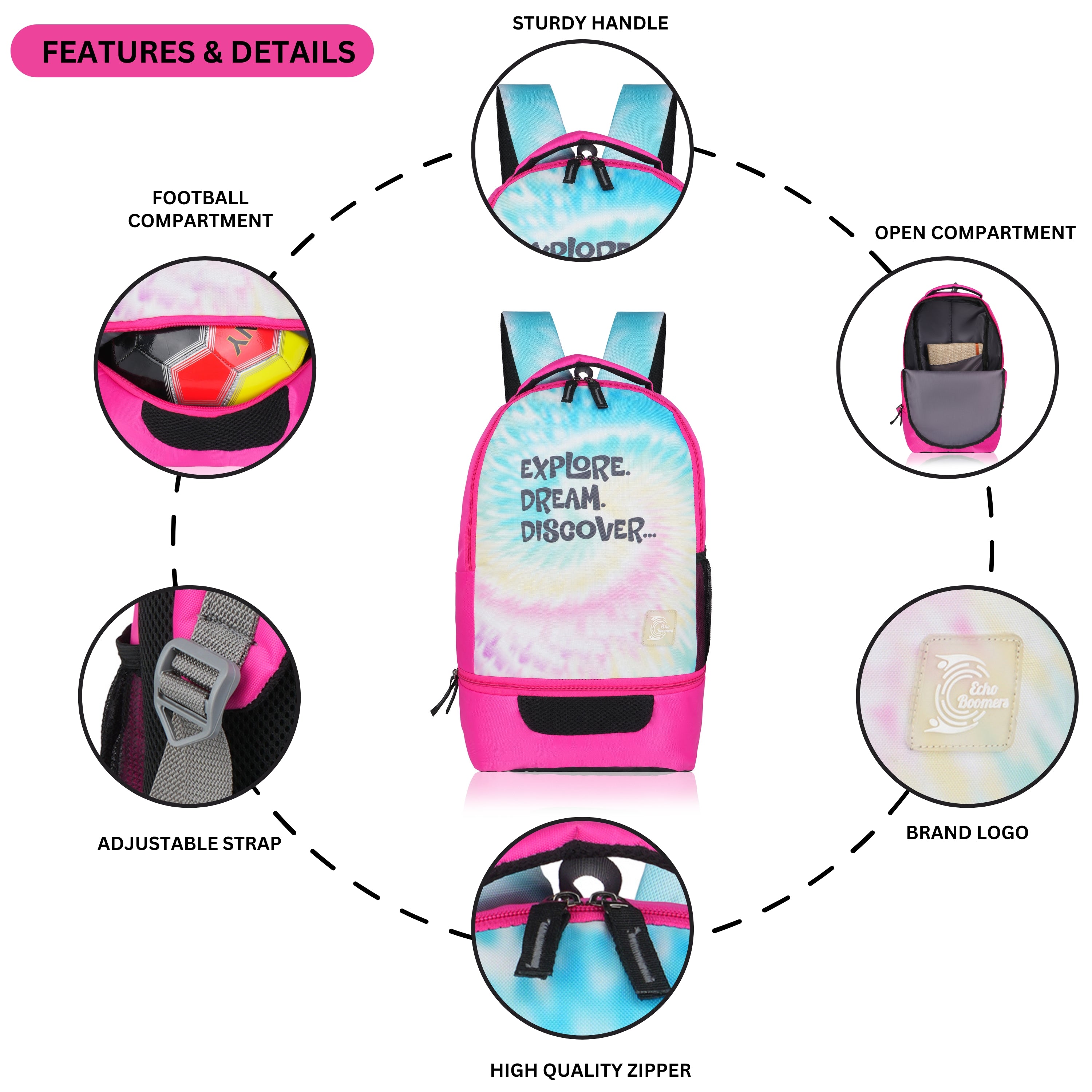 Echo Boomers Manchester United Sports Backpack with Separate Football Compartment | Student Sports Backpack with Adjustable Straps, Sturdy Handle & High Quality Zippers