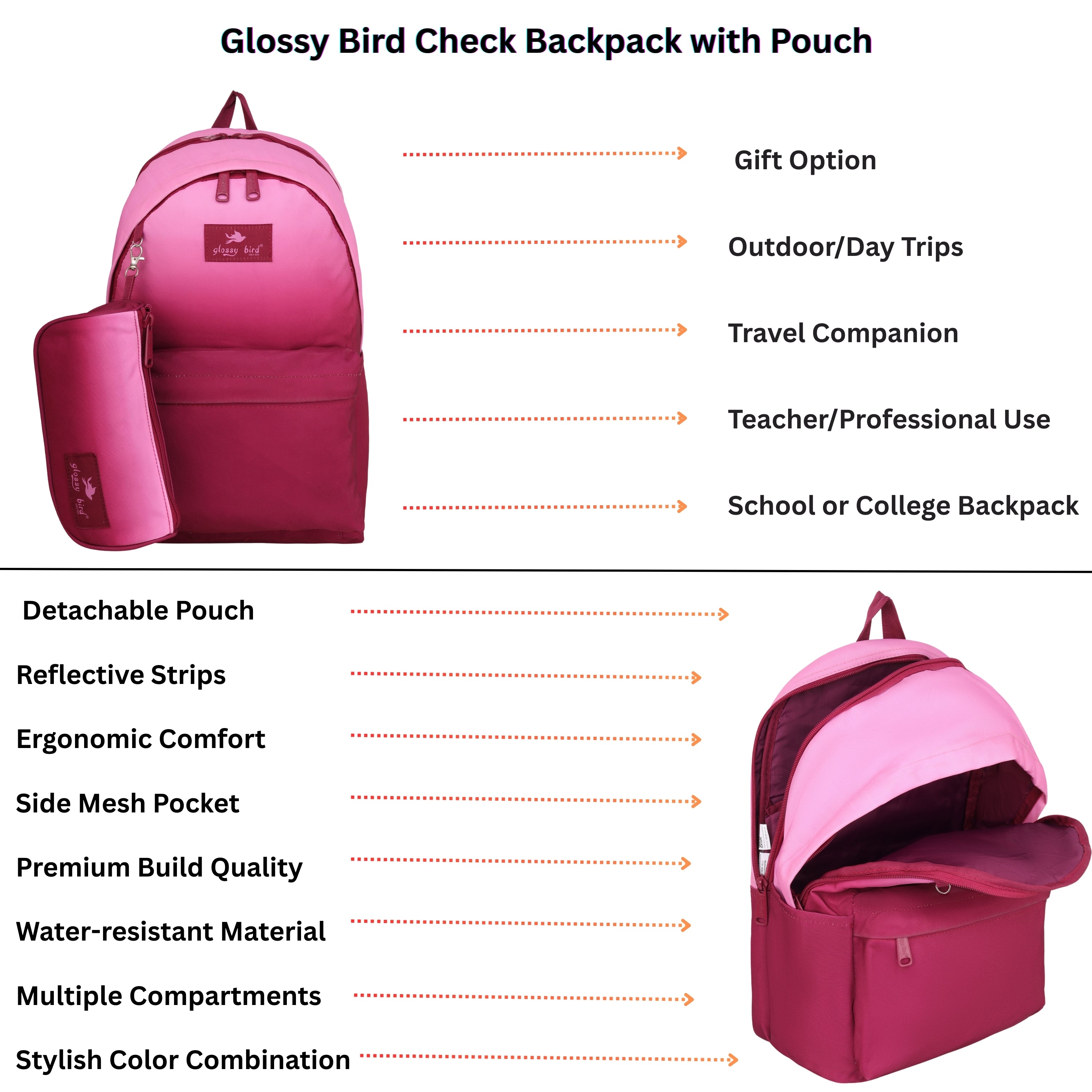 Echo Boomers Glossy Bird Backpack with Pouch – Casual Backpack with Compartments, Front Pocket, Bottle Holder – Ideal for School, College, Travel – Boys, Girls, Men, Women (Pink)