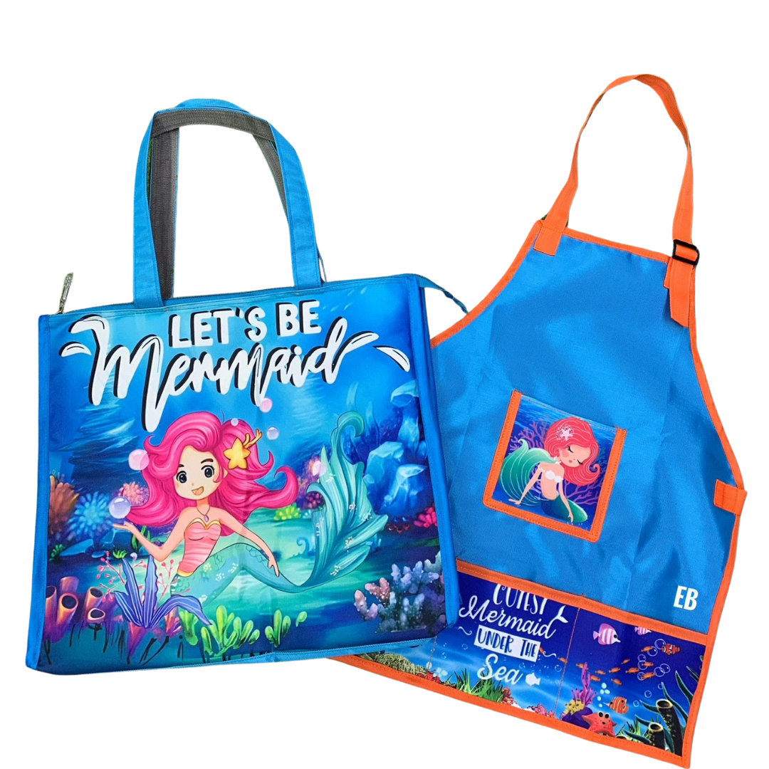 Echo Boomers Blue Mermaid Printed Jumbo Size Drawing & Activity Tote Bag with Multiple Pockets  Waterproof Washable Kids Apron