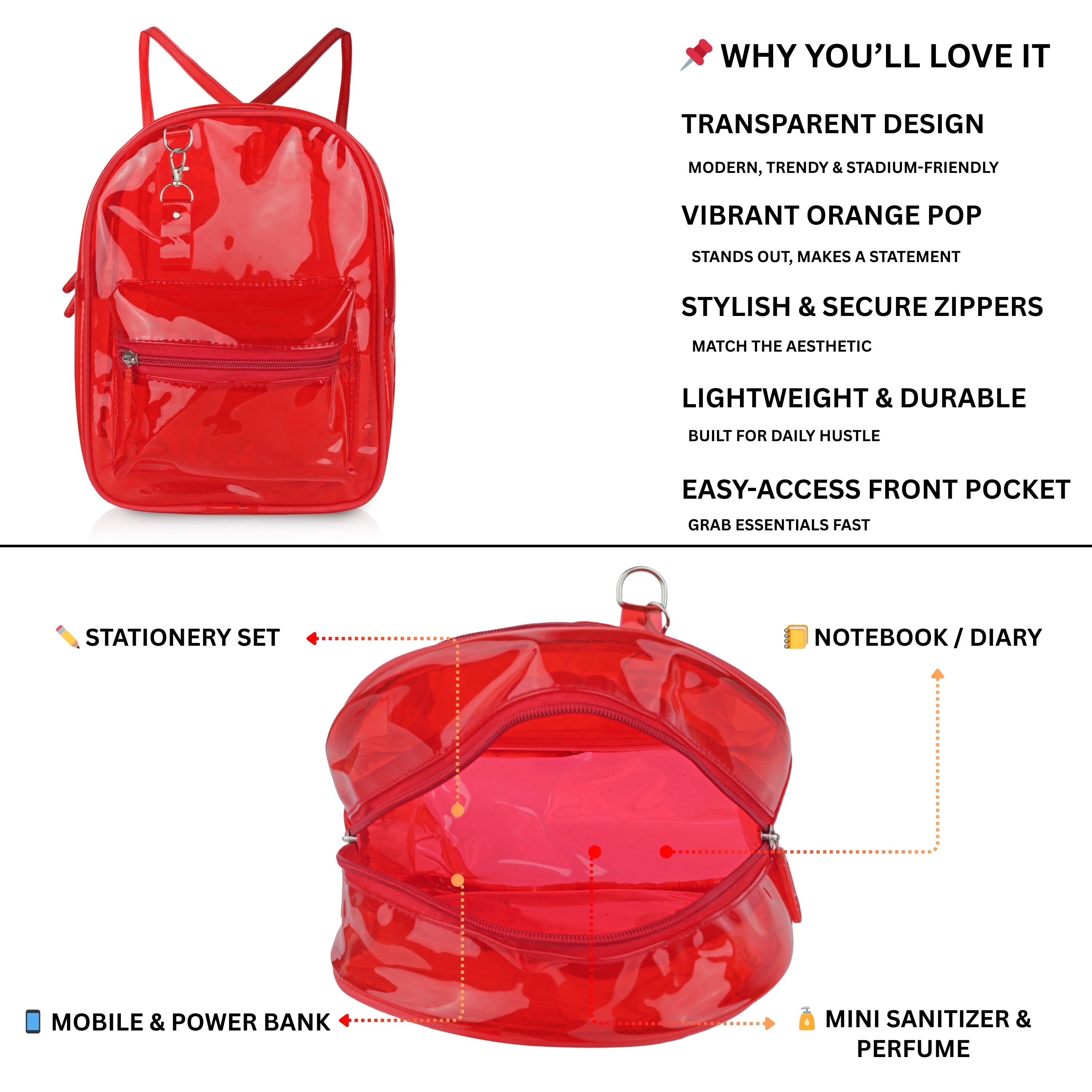 Echo Boomers Stylish Transparent Jelly Backpack | Trendy Neon  Clear Bag | 50 GSM Waterproof PVC School, College & Travel Backpack with Front Zipper Pocket