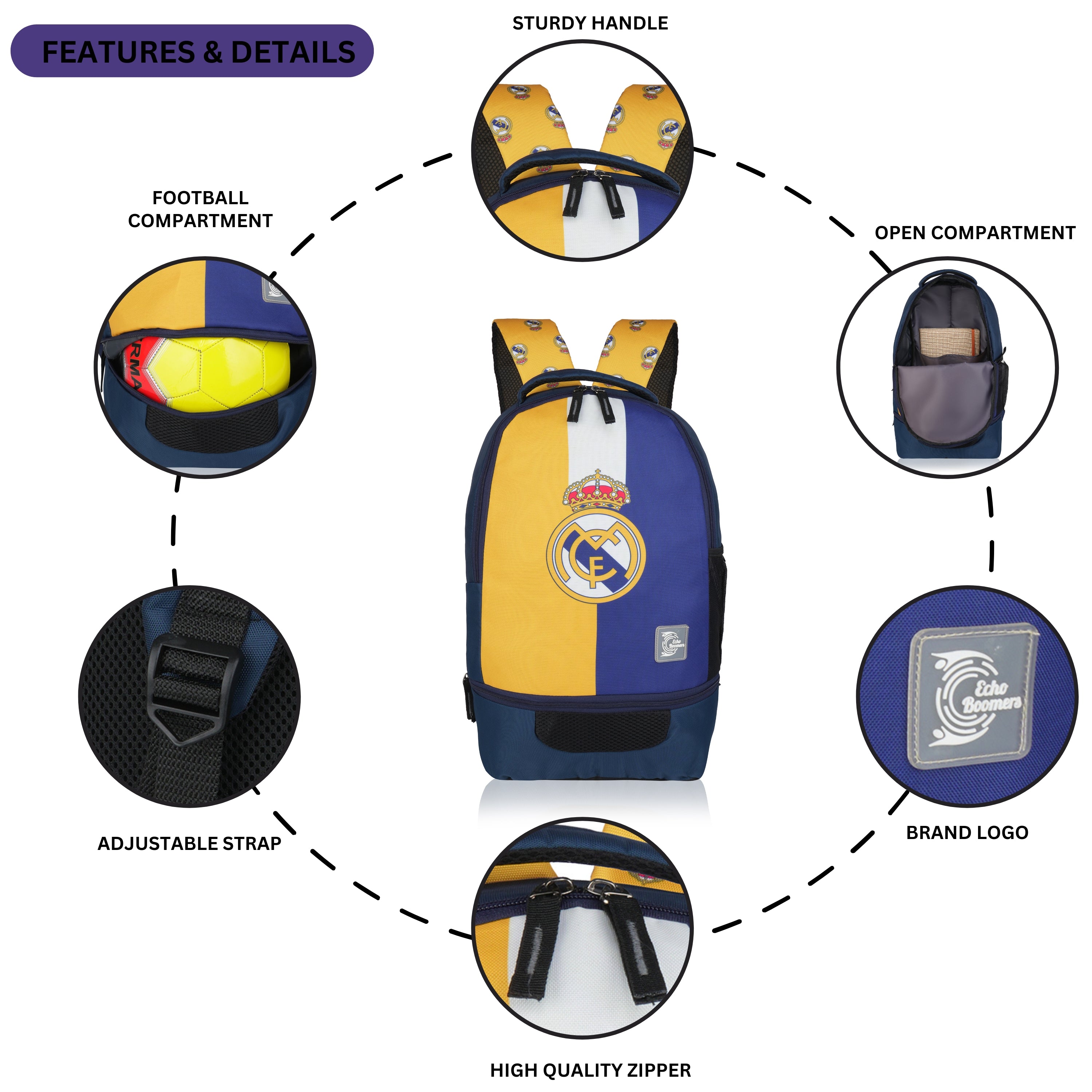 Echo Boomers Manchester United Sports Backpack with Separate Football Compartment | Student Sports Backpack with Adjustable Straps, Sturdy Handle & High Quality Zippers