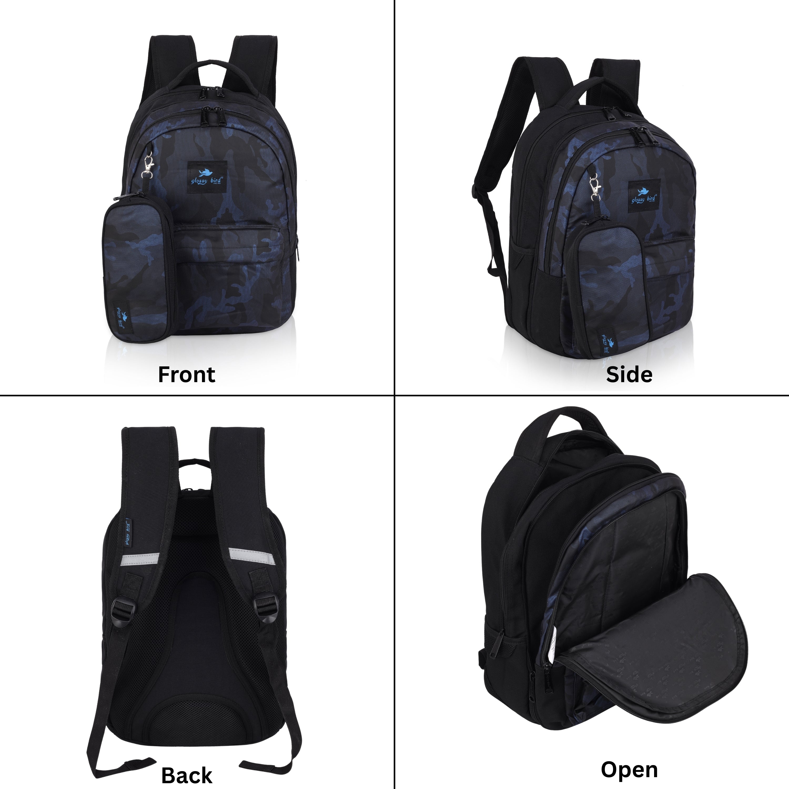 Echo Boomers Glossy Bird Backpack – Water-Resistant Unisex Bag with 4 Compartments, Bottle Holder, Detachable Pouch & Padded Straps – Travel & School Backpack (SKY)